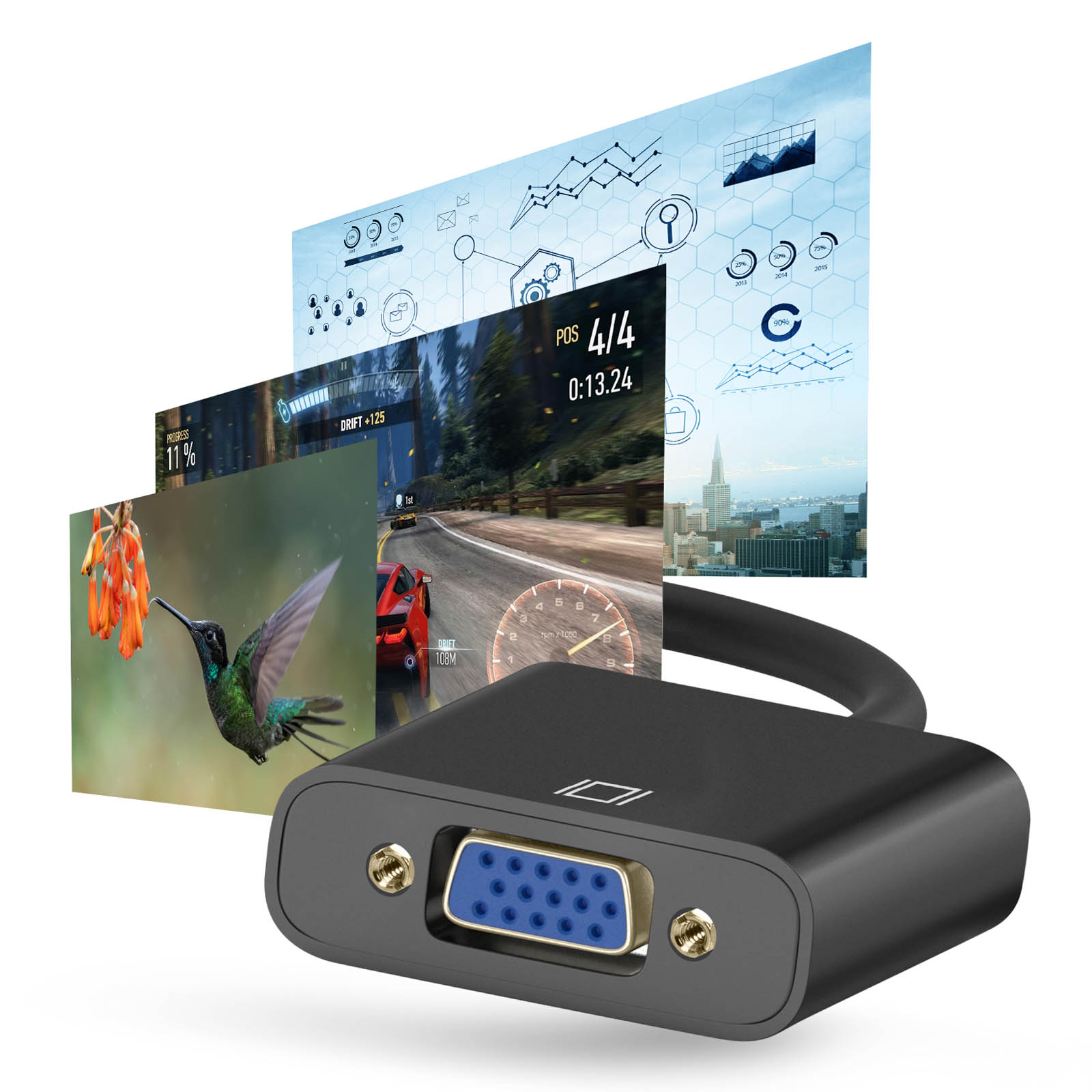 Un adattatore VGA con schermi di gioco e visualizzazione dati.