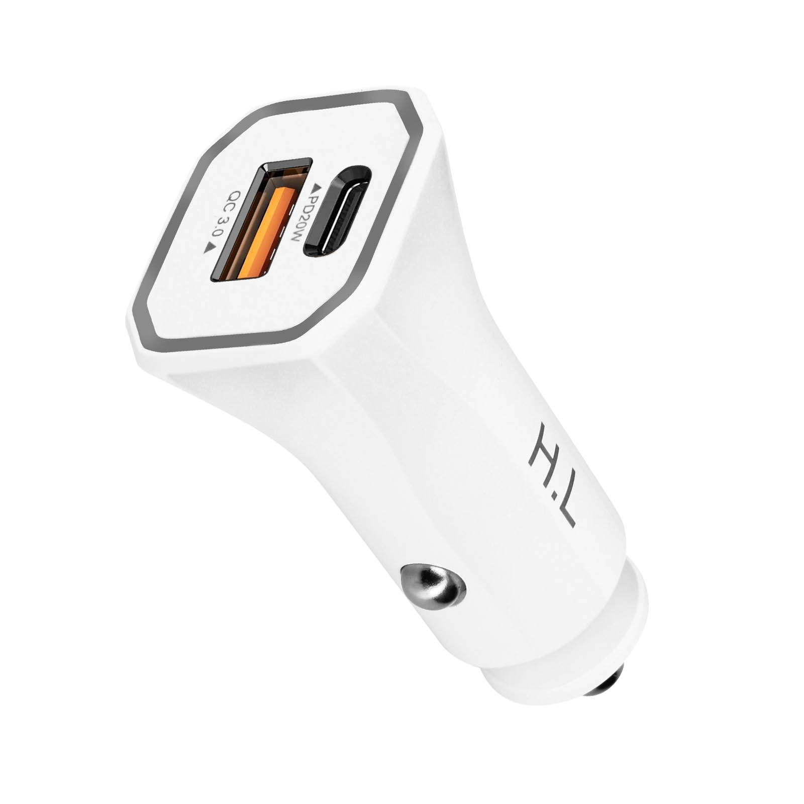Ein weißes Autoladegerät mit zwei Anschlüssen. Es hat einen grauen Ring und einen schwarzen USB-C-Anschluss. Es liegt auf einer weißen Oberfläche.