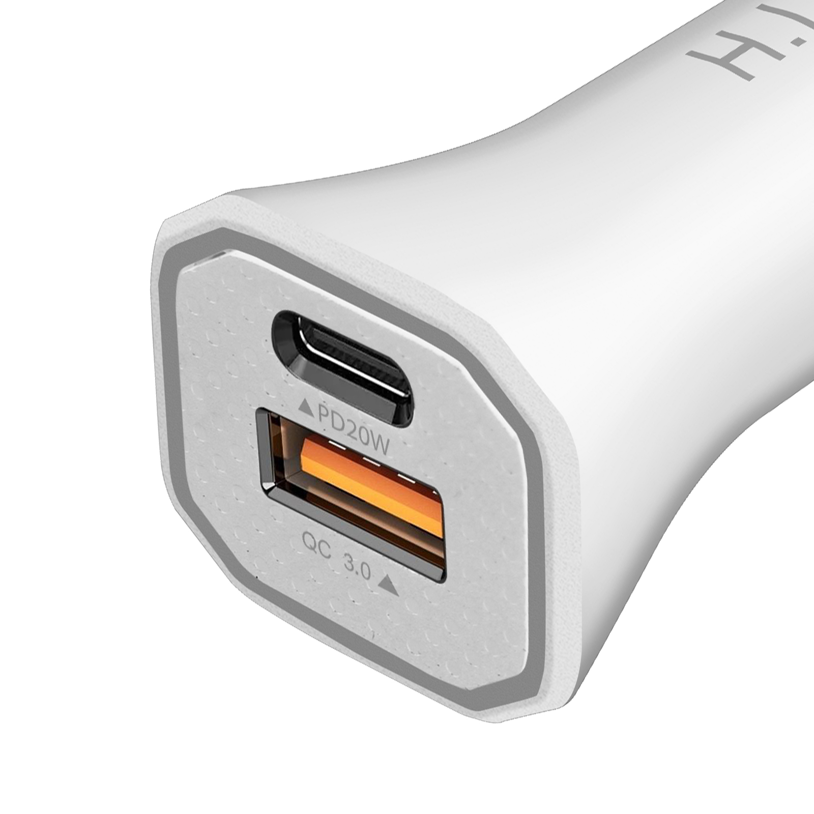 Ein weißes Autoladegerät mit einem USB-C- und einem USB-A-Anschluss wird gezeigt. Die Anschlüsse sind mit PD20W und QC 3.0 beschriftet.