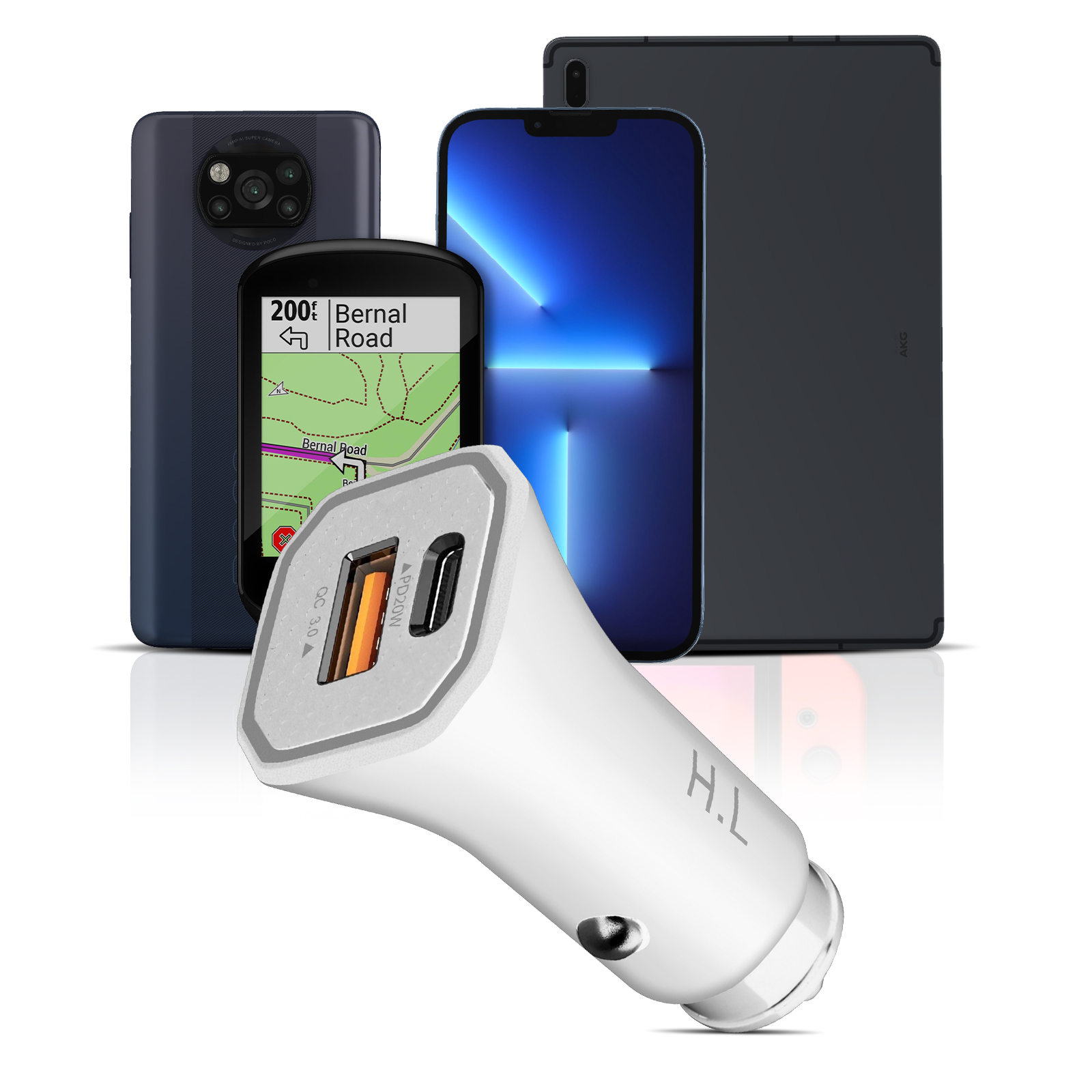 Weißes Ladegerät mit USB-Anschluss und mehrere Geräte auf weißem Hintergrund.