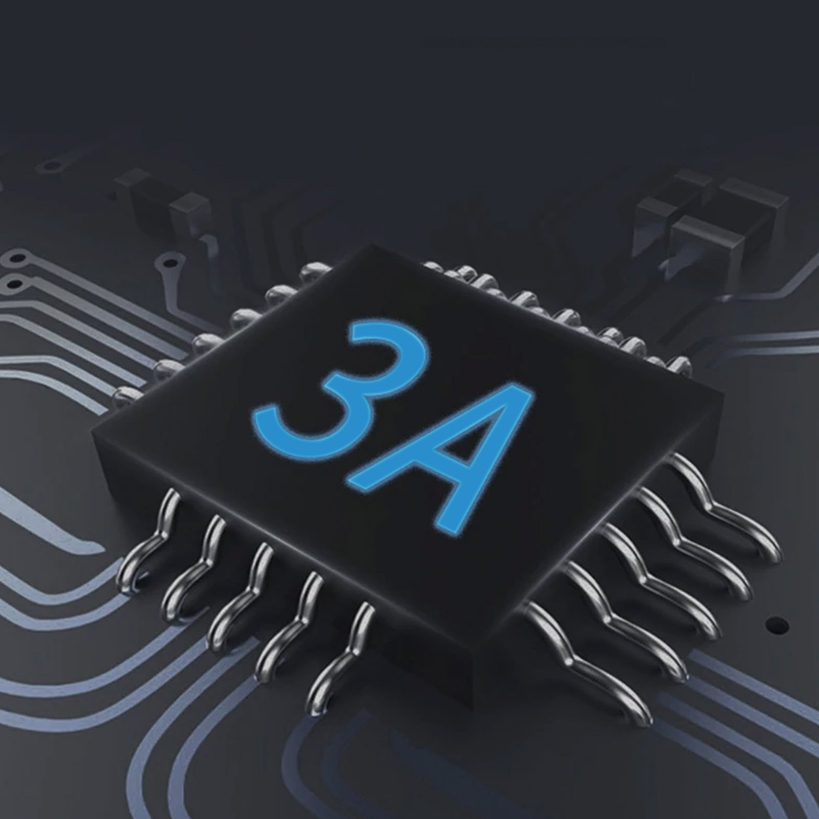 Primo piano di un chip nero con il numero 3A in blu, su un circuito stampato.