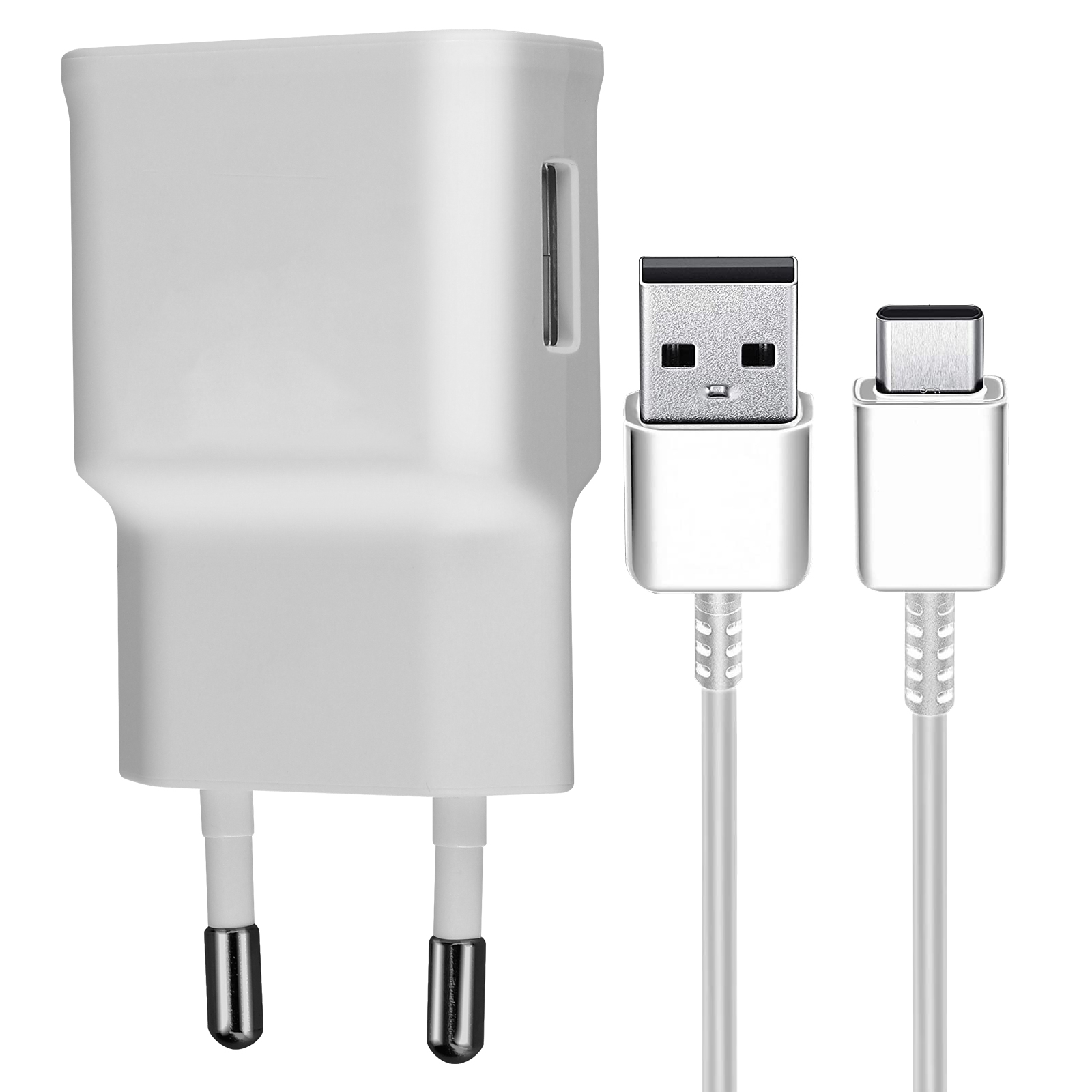 Un chargeur avec un port USB et deux câbles de chargement, connectés à un téléphone.