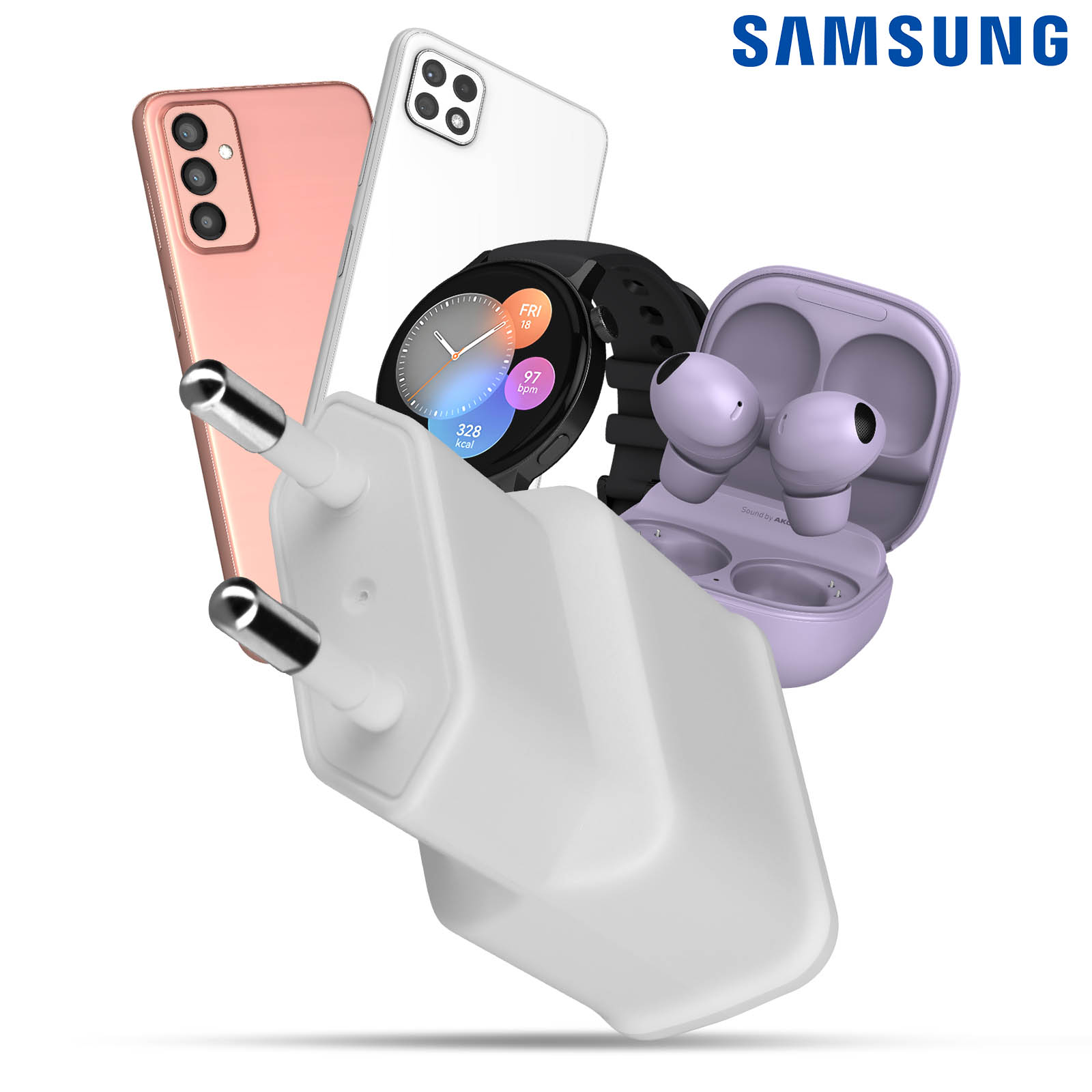 Une collection d'appareils Samsung : téléphones, écouteurs, montre connectée et un chargeur sur fond blanc.