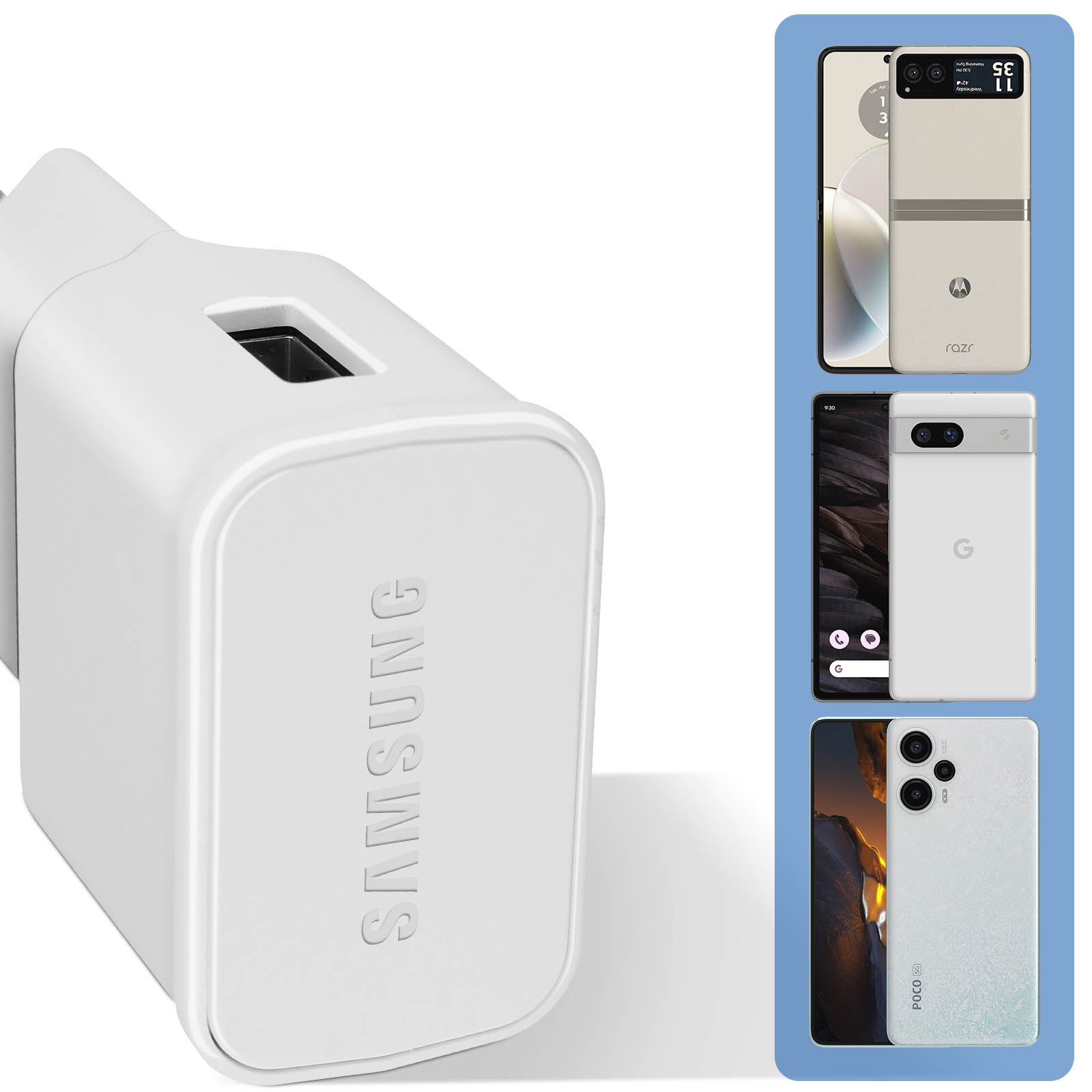 Un chargeur Samsung blanc et trois téléphones : un Razr, un Google Pixel et un Poco. Tous sont blancs.