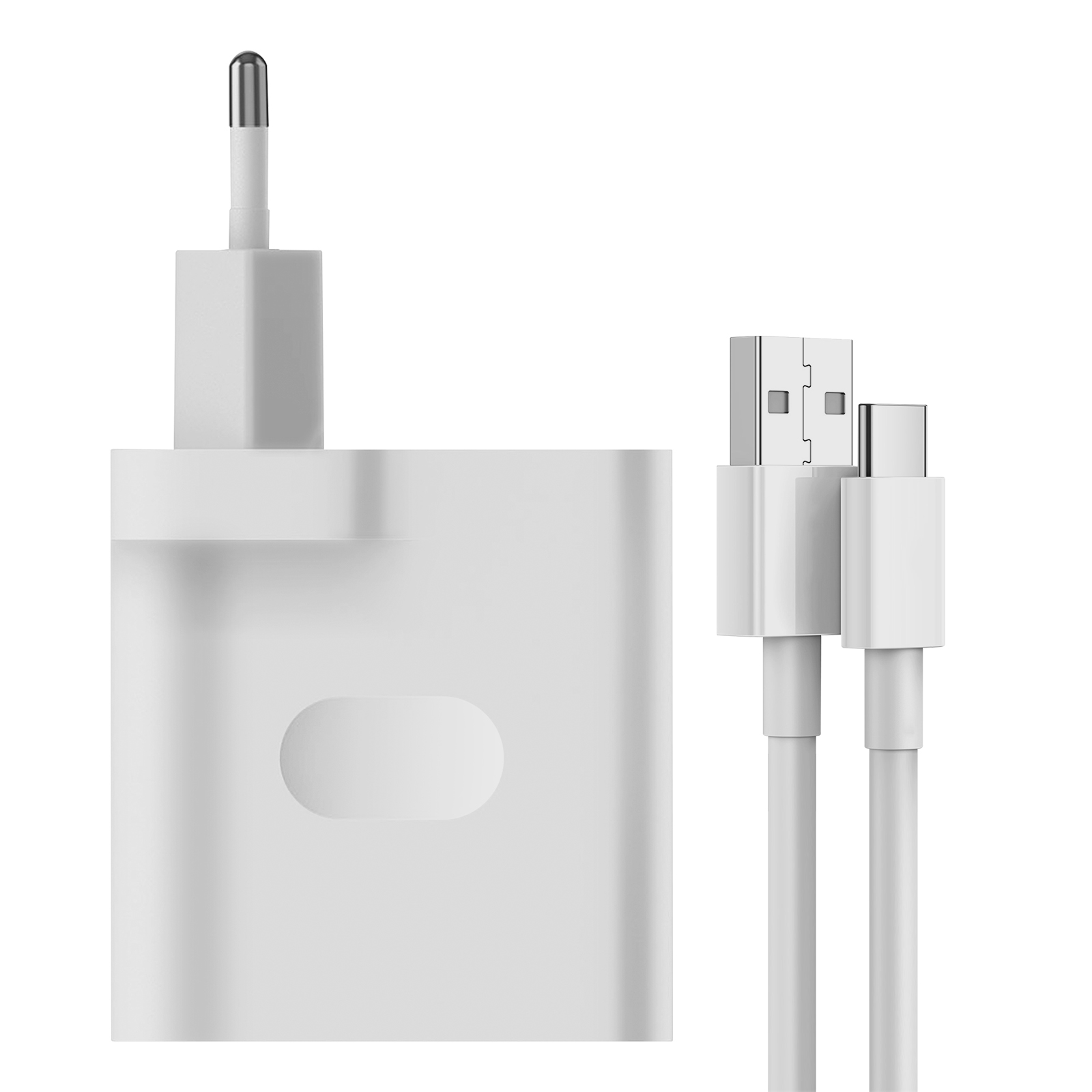 Ein weißes Ladegerät mit Kabel. Das Ladegerät hat einen AC-Stecker und einen USB-C-Anschluss. Das Kabel ist weiß.
