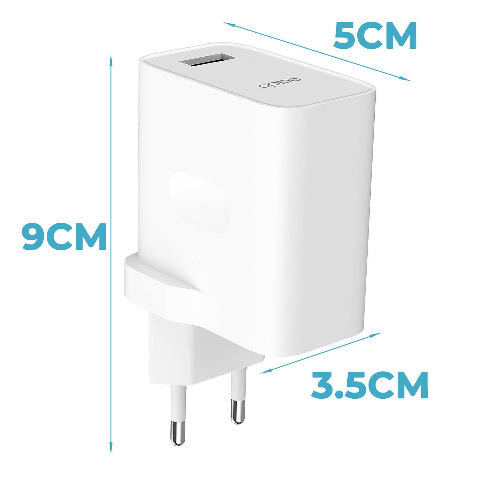Weißes Telefonladegerät mit Abmessungen. Oppo-Logo vorhanden. Zweipoliger Stecker.