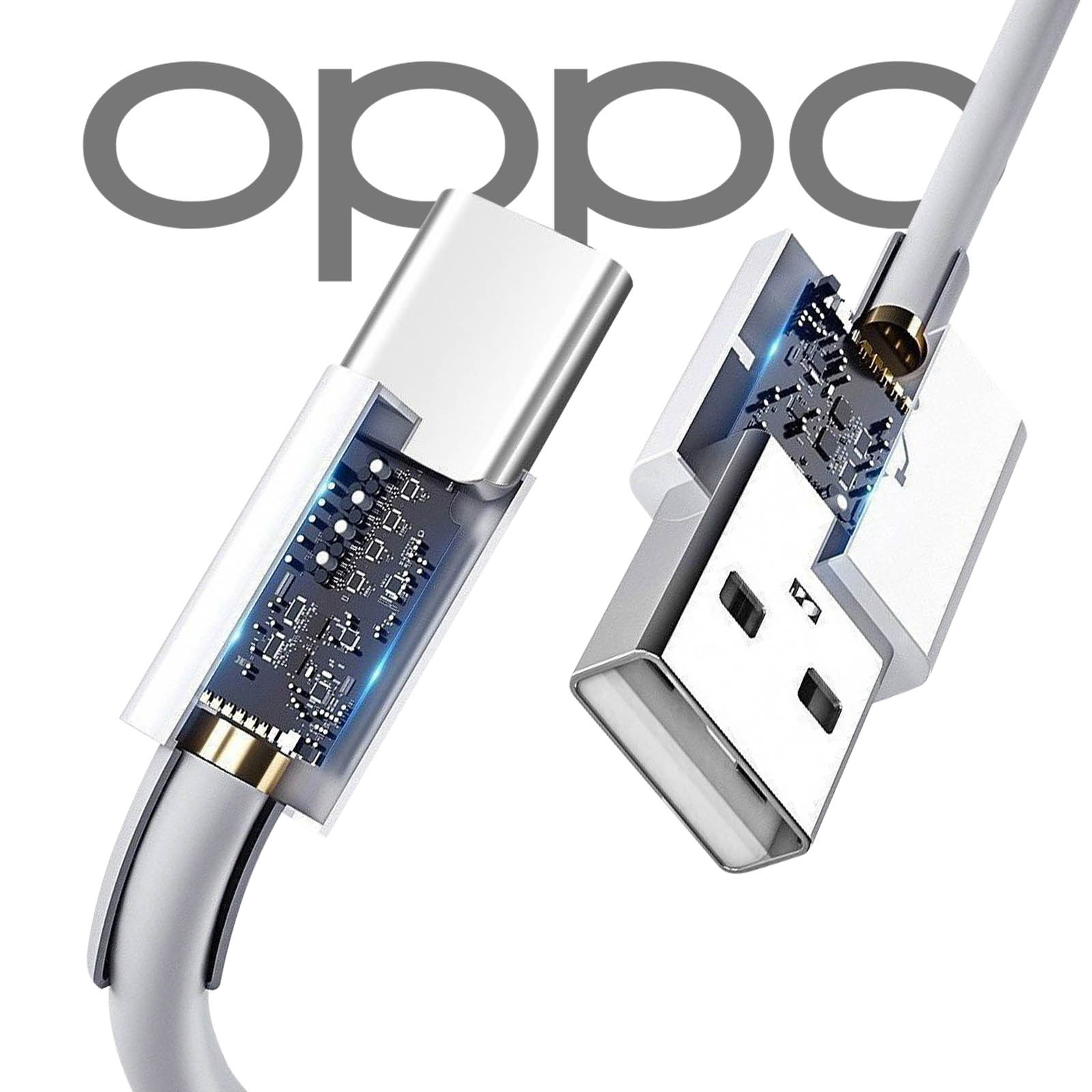 Weißes USB-C-Kabel mit transparentem Blick auf die inneren Komponenten. Das Wort 'oppo' steht oben.