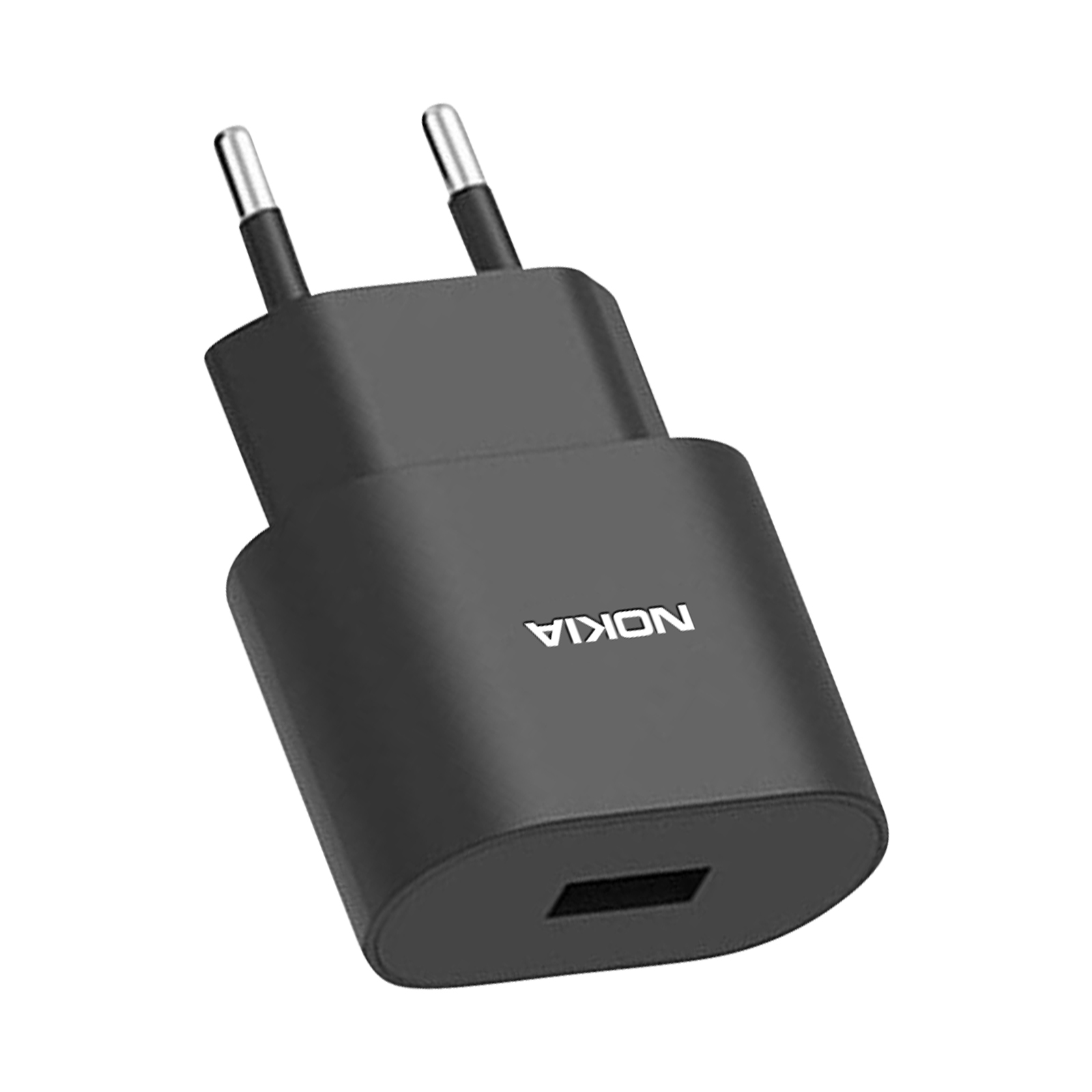 Chargeur de téléphone Nokia noir avec deux broches et un port USB. Fond blanc.