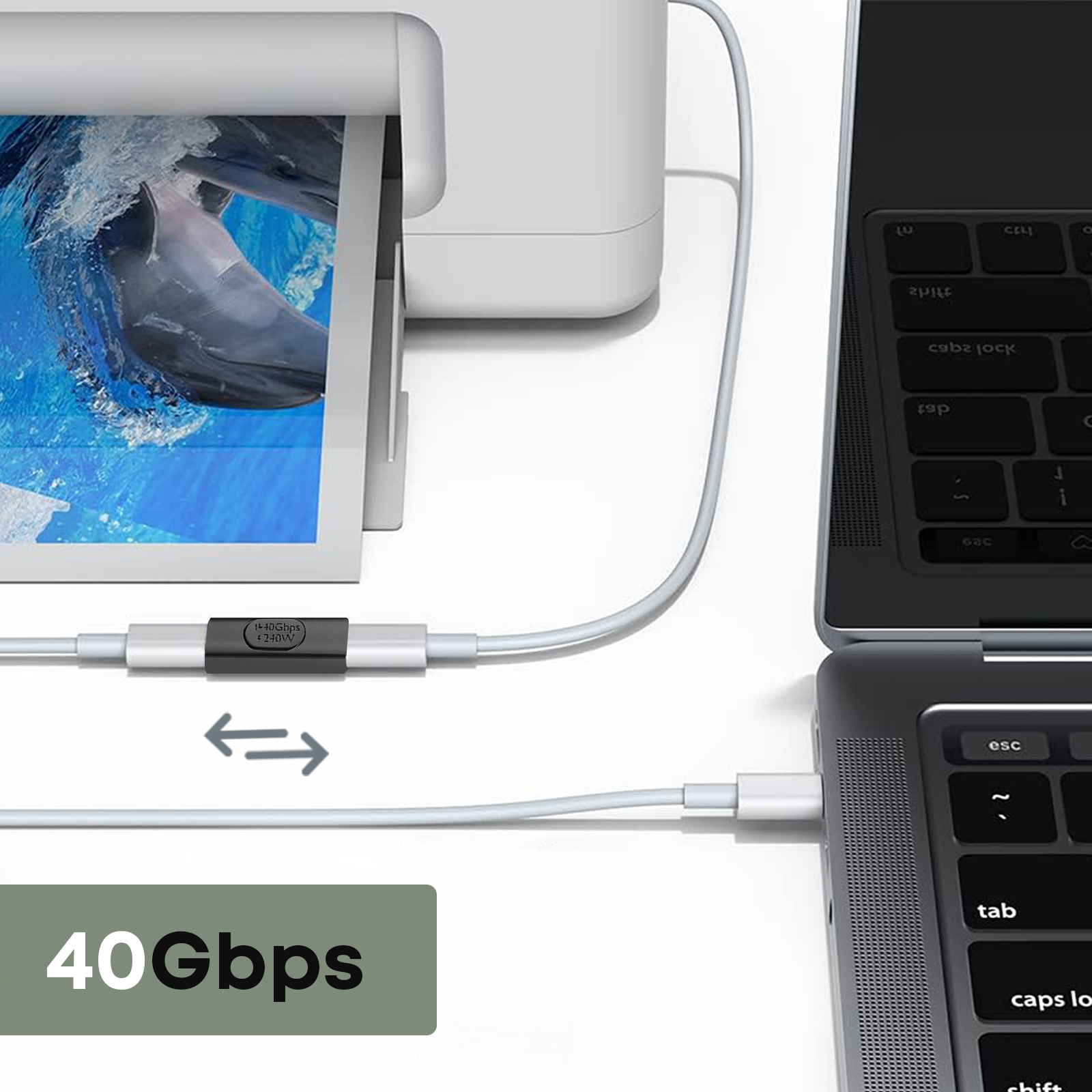 Una stampante che stampa un'immagine di delfini, collegata a un laptop tramite cavo. Testo: 40 Gbps.