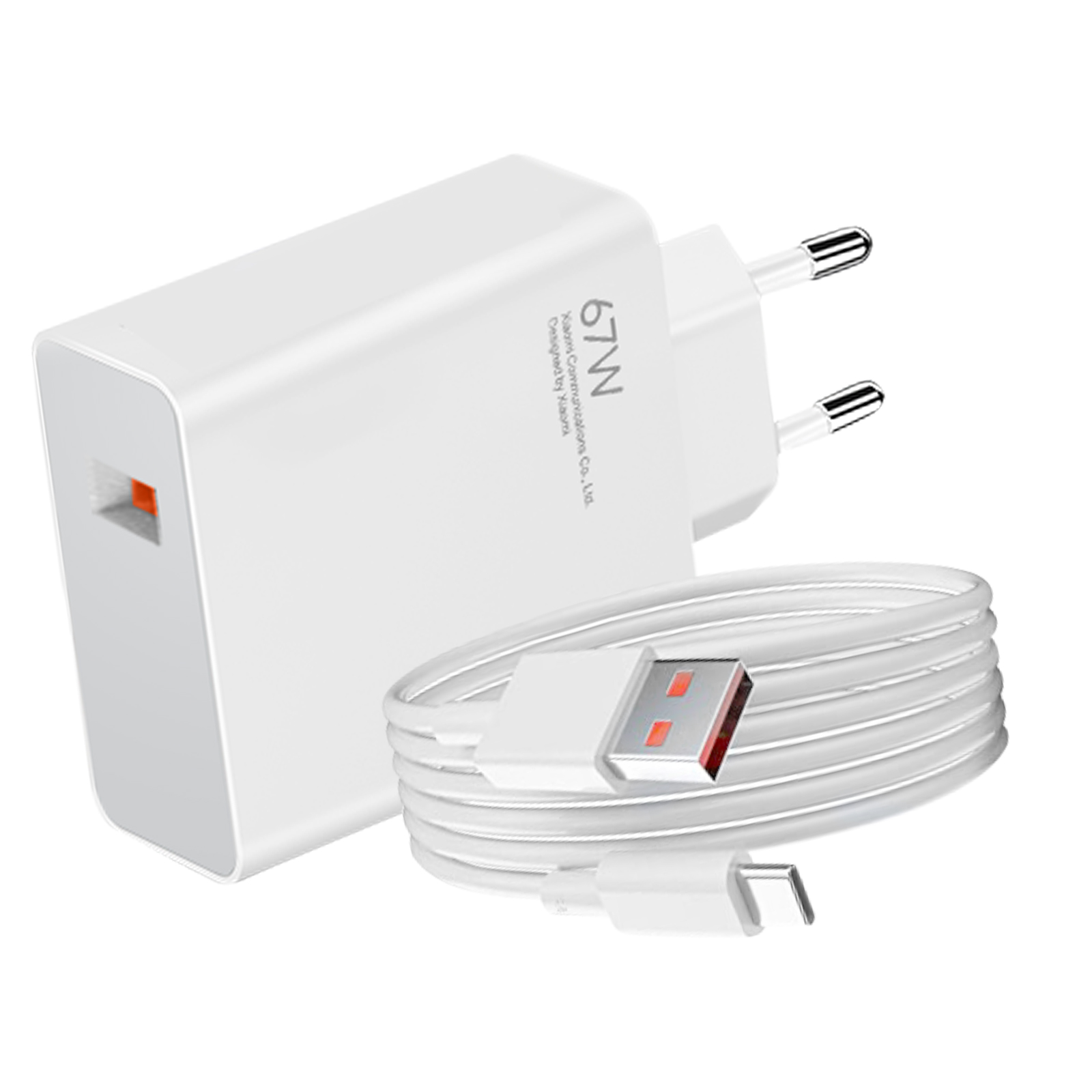 Weißes Ladegerät und Kabel. Das Ladegerät wurde von Xiaomi entworfen, und das Kabel hat einen USB-C-Anschluss.