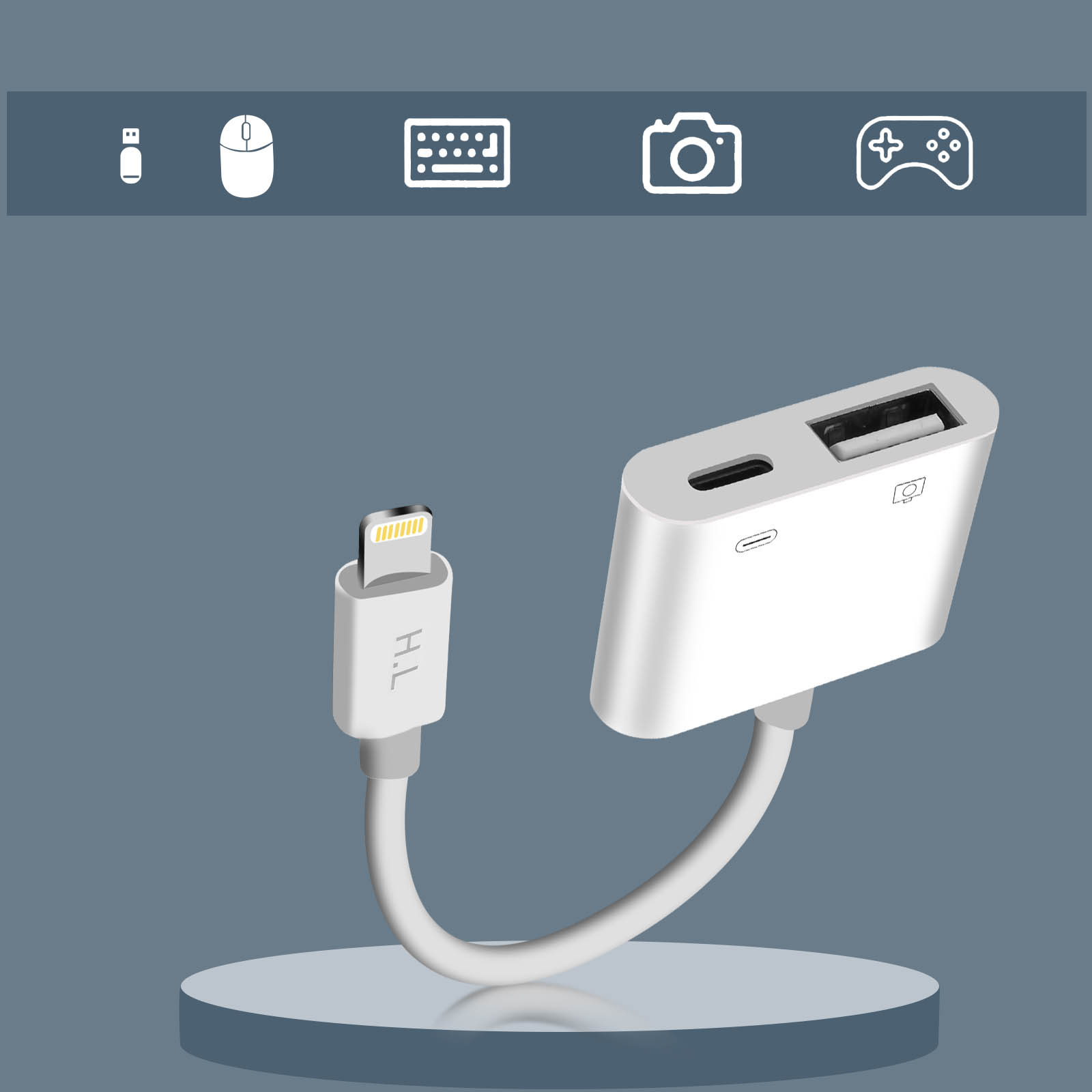 Adaptateur blanc avec un câble Lightning et des icônes d'accessoires sur une surface bleue.
