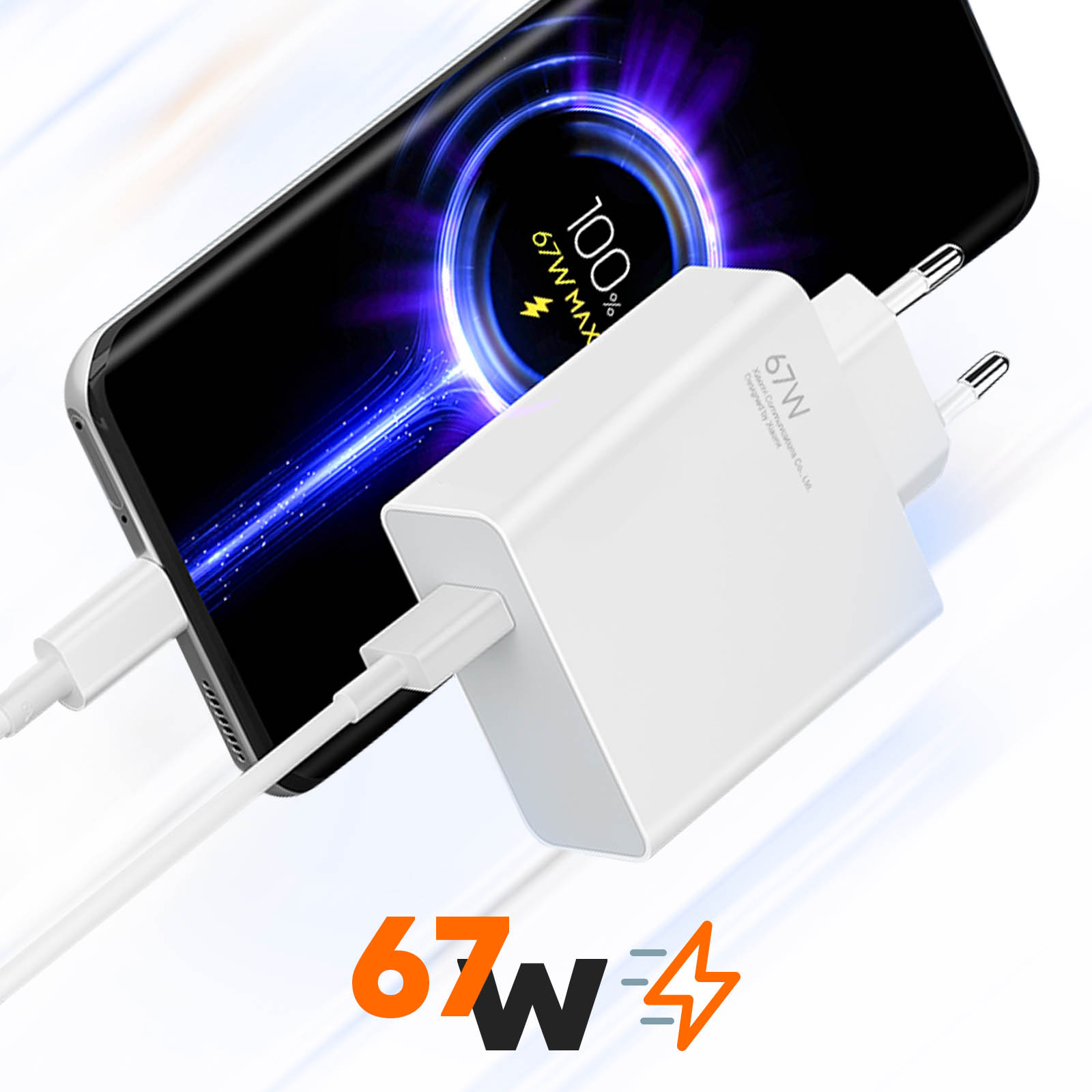 Un téléphone se chargeant avec un chargeur blanc. Le téléphone affiche une charge de 100 %.