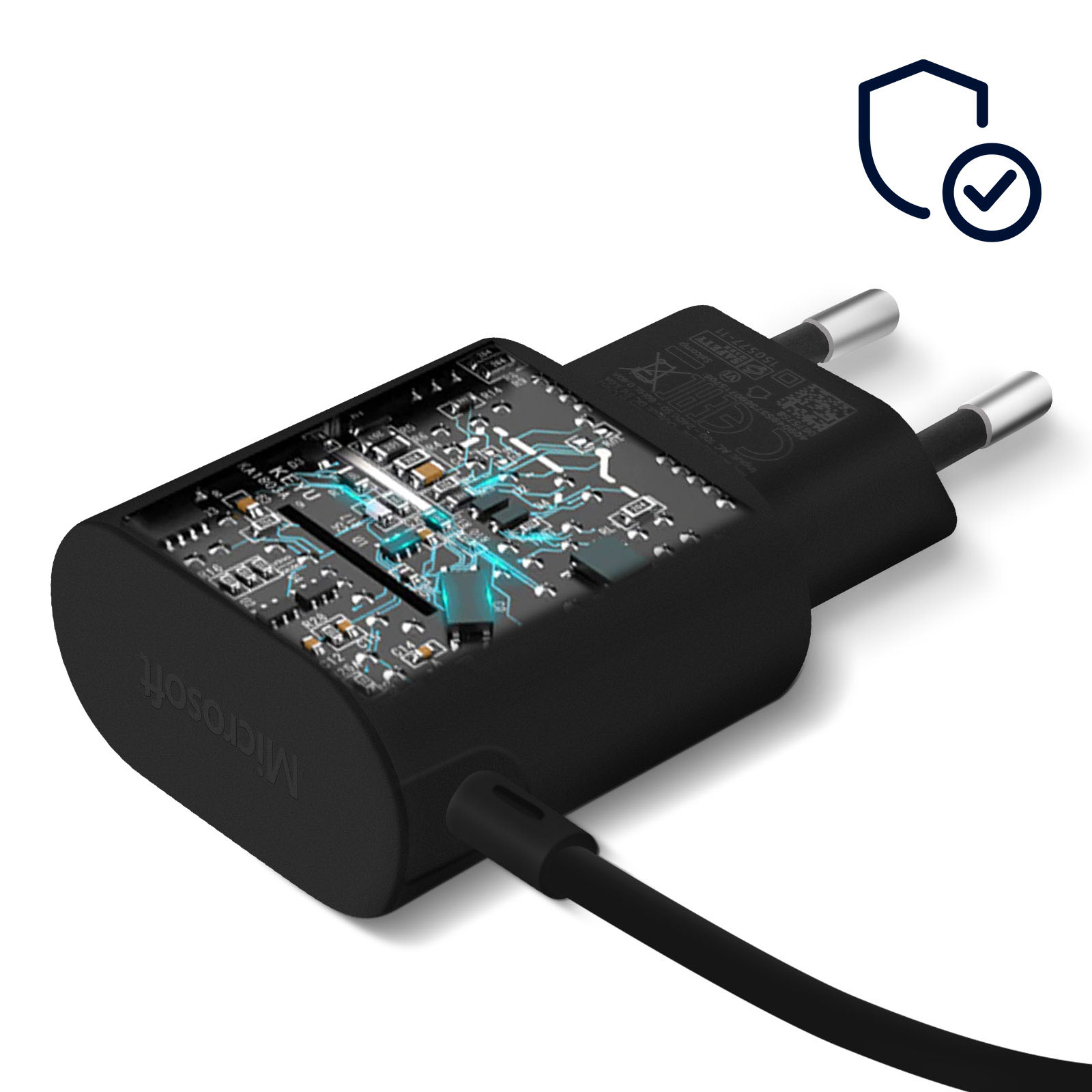 Chargeur Microsoft noir avec détail de conception de circuit interne et prise.