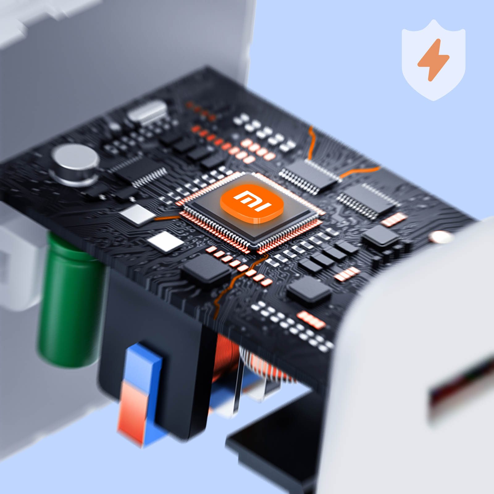 Nahaufnahme einer Leiterplatte mit Xiaomi-Logo. Die Platine ist schwarz mit kupferfarbenen Leiterbahnen.