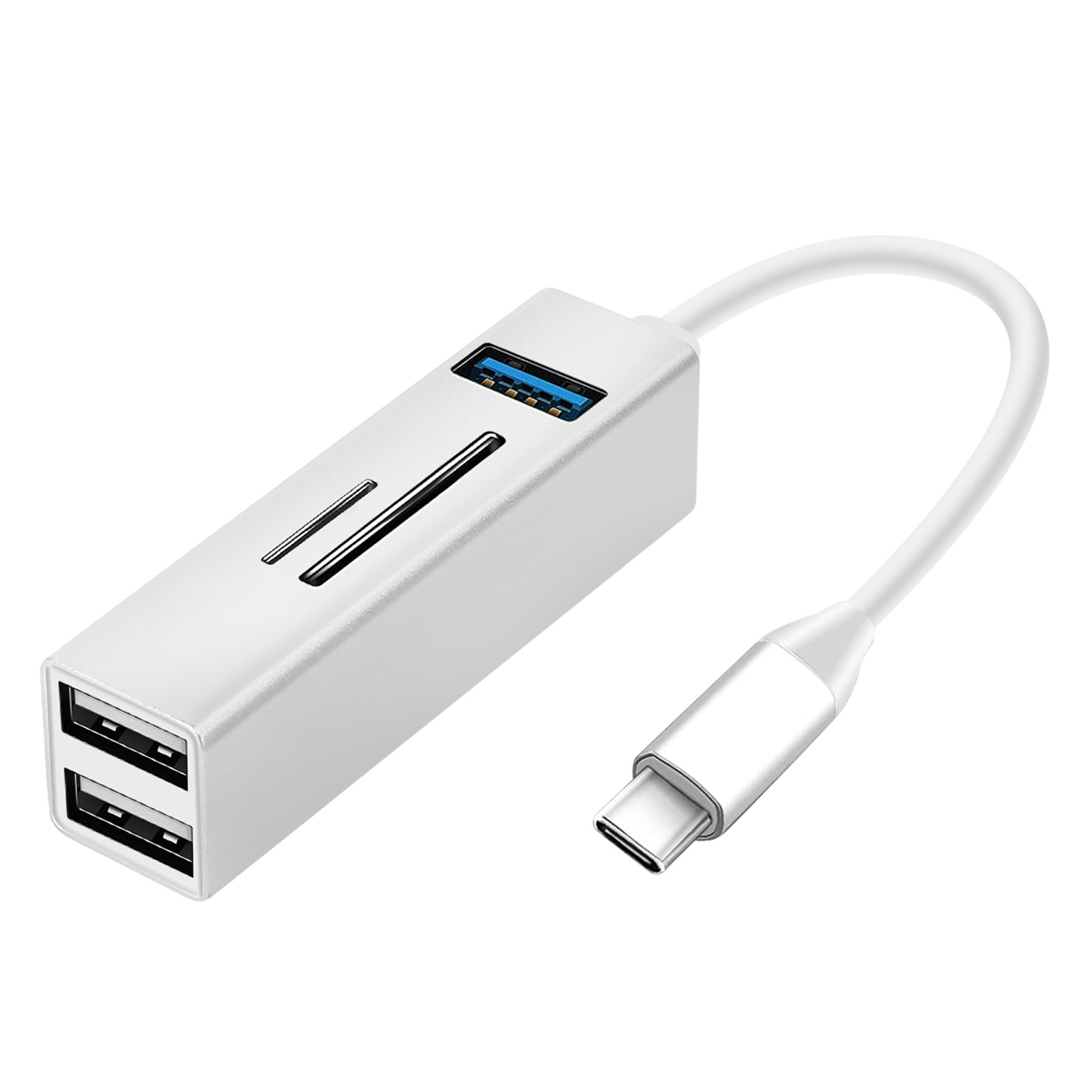 Hub USB bianco con più porte. Ha un connettore USB-C e un display digitale.
