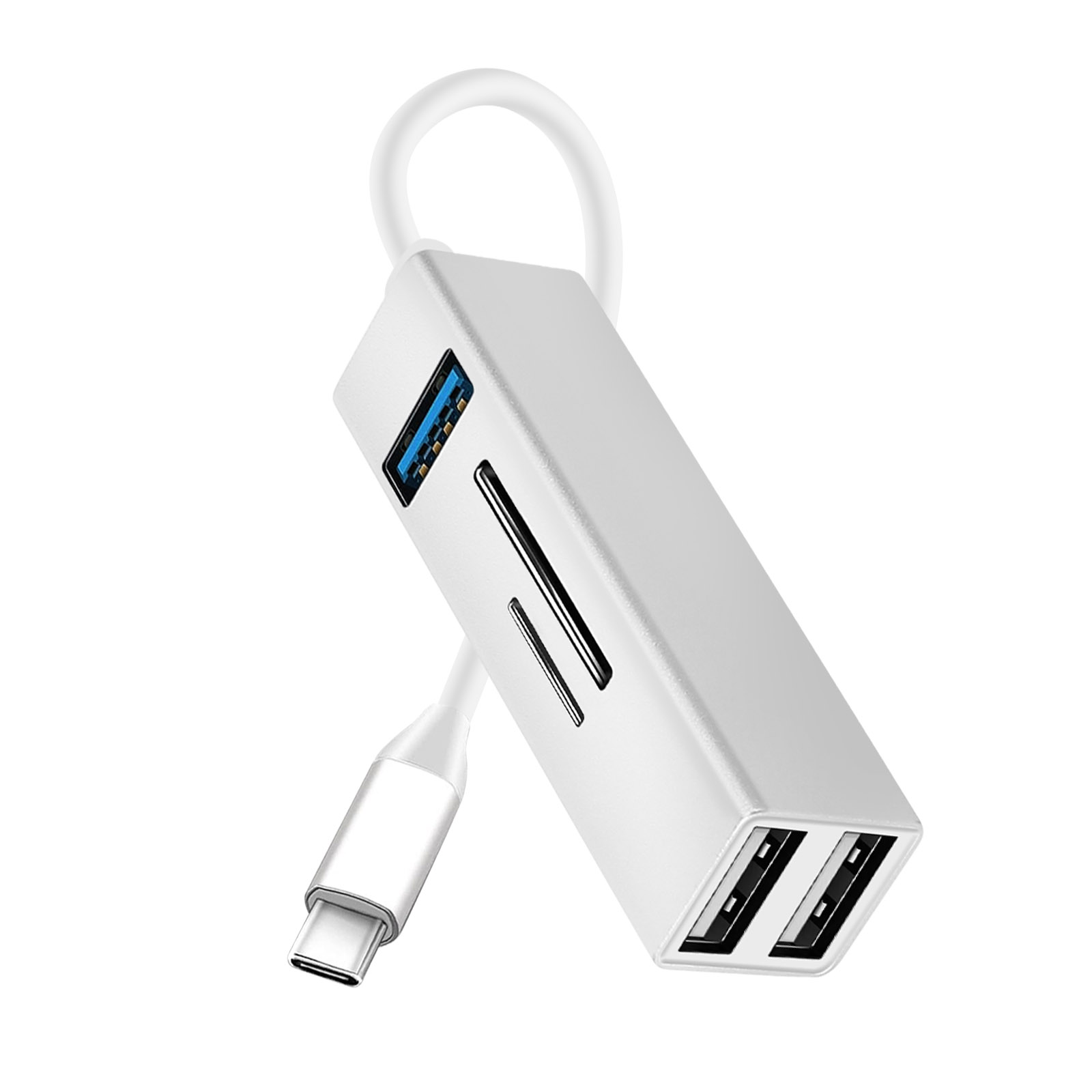 Hub USB argentato con connettori USB e USB-C. L'hub ha due porte USB e un lettore di schede.