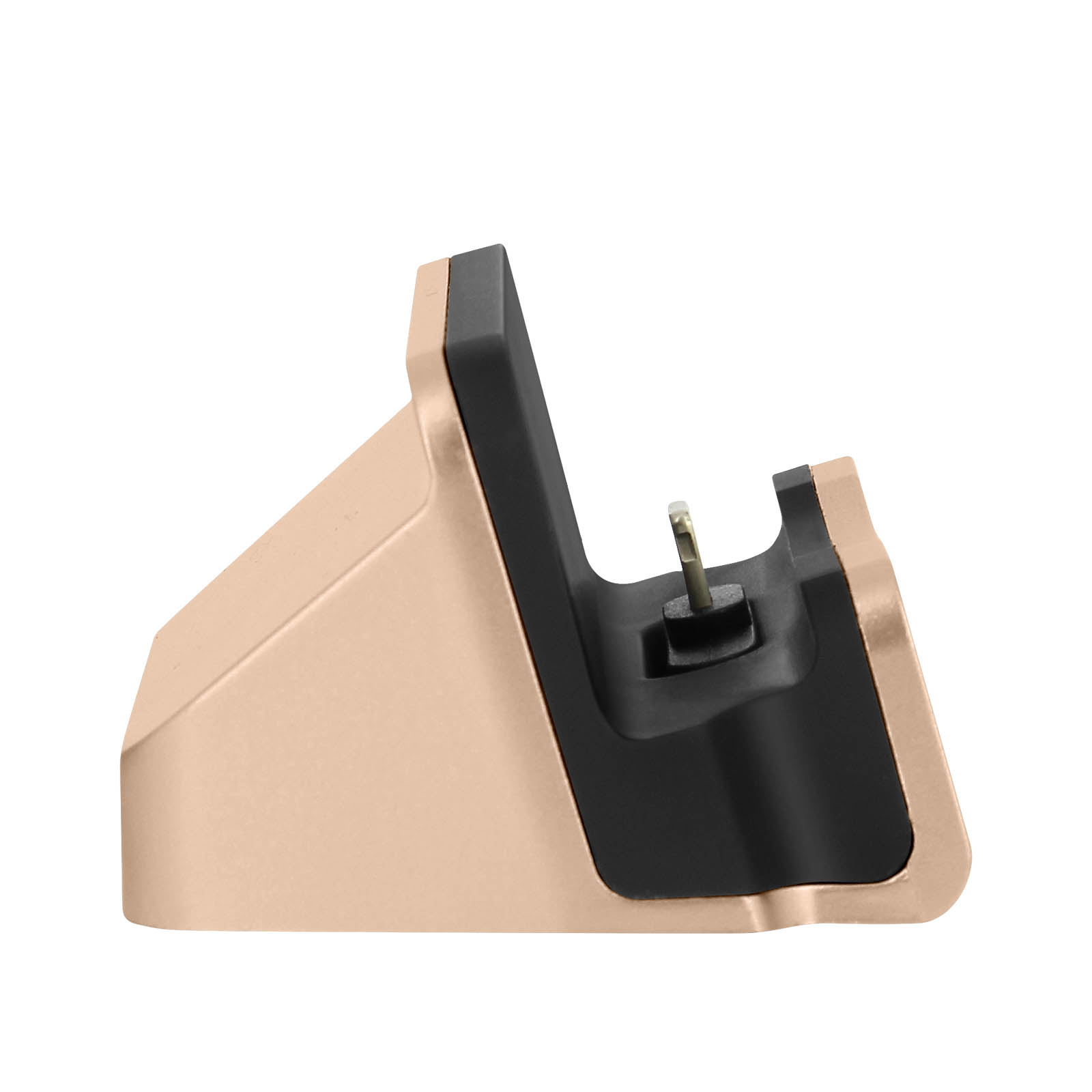 Goldfarbene Telefon-Dockingstation mit schwarzen Details, Seitenansicht.