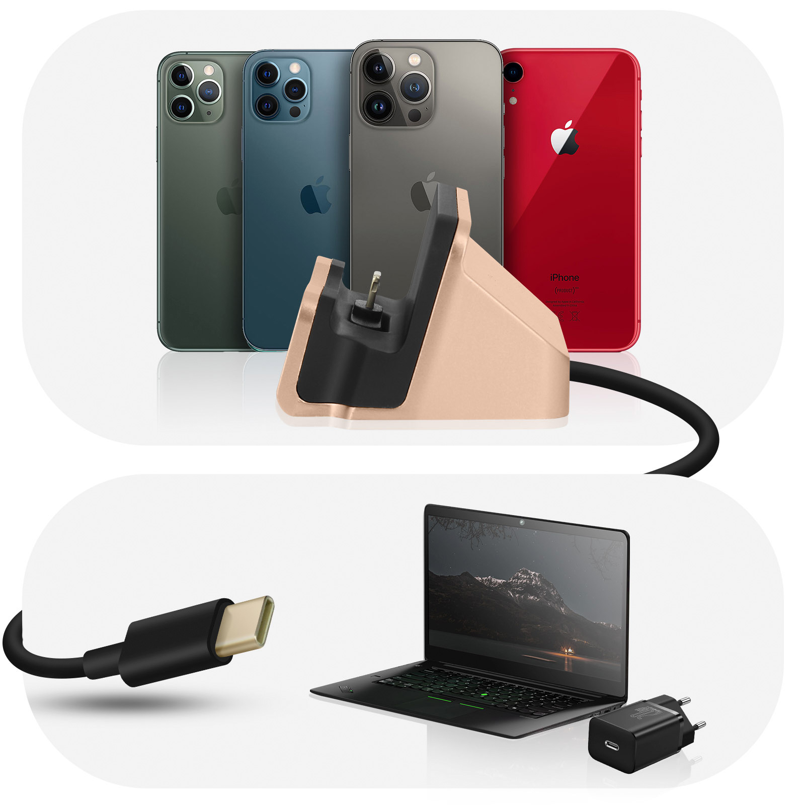 Mehrere Telefone, eine Ladestation, ein Laptop und ein Ladegerät.