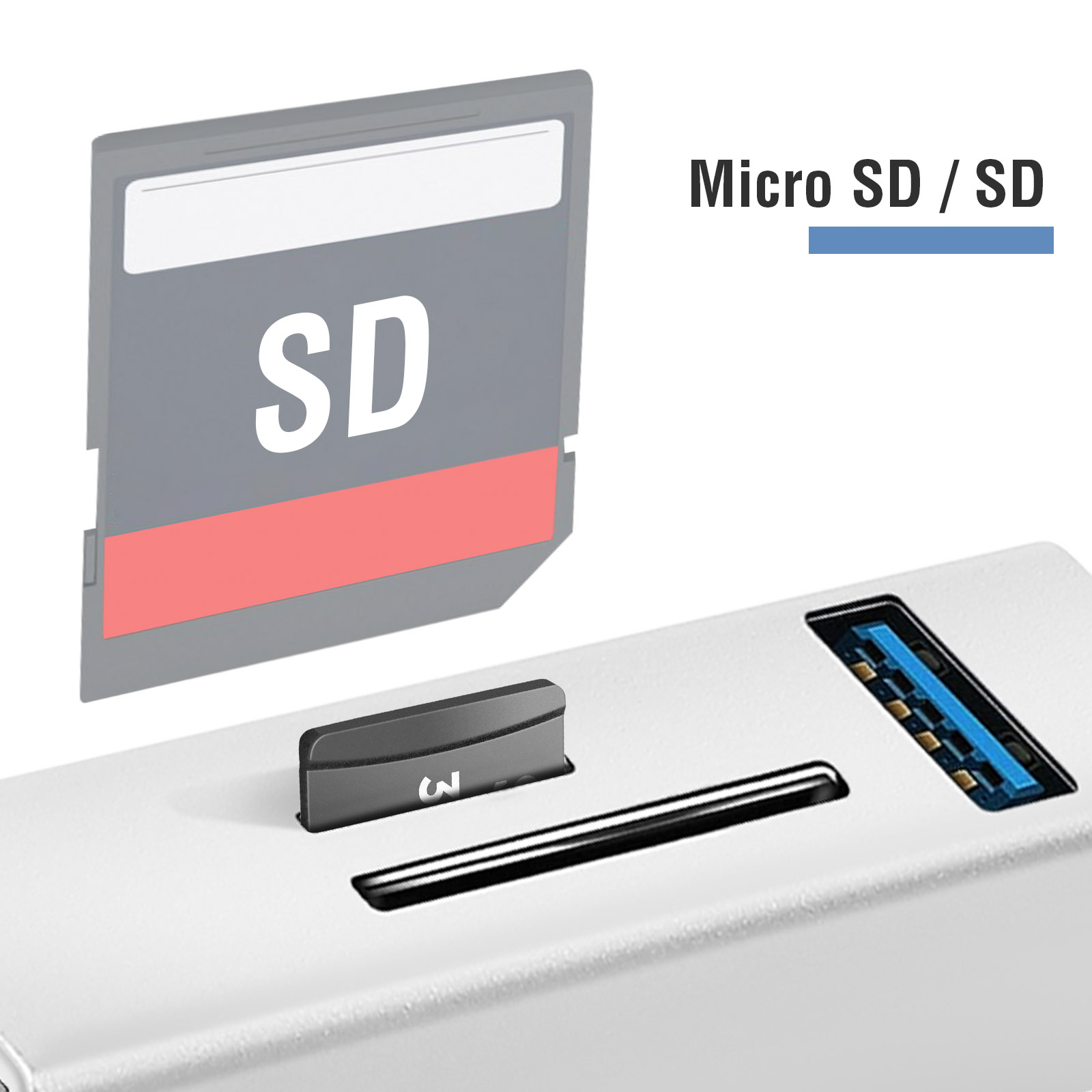 Scheda SD e slot per schede SD su un dispositivo bianco. Testo: Micro SD / SD.