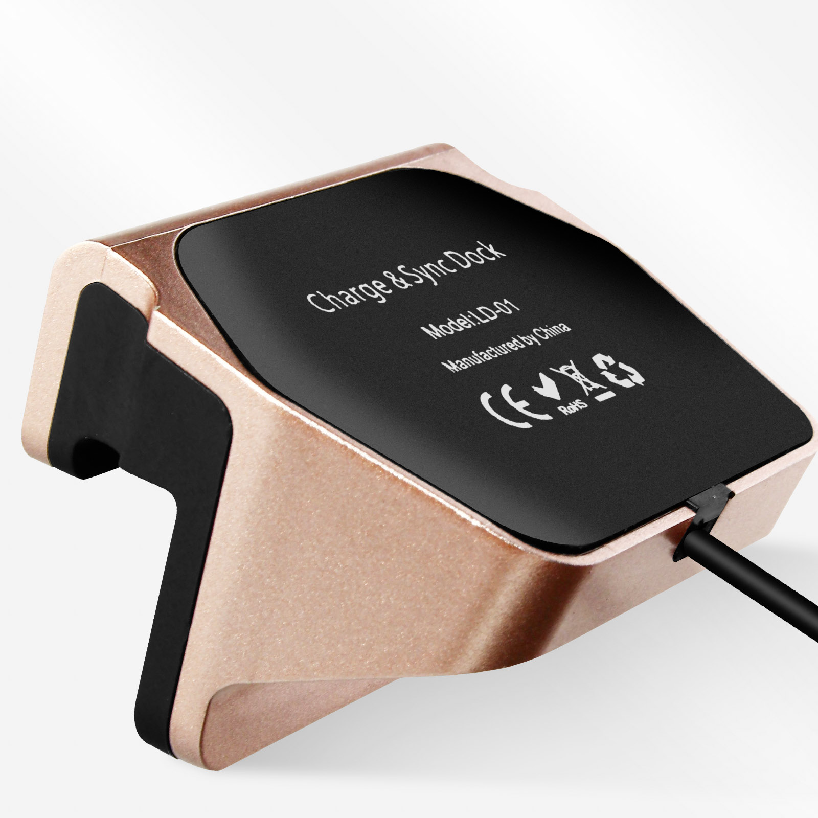 Goldene und schwarze Charge & Sync Dock mit Text.