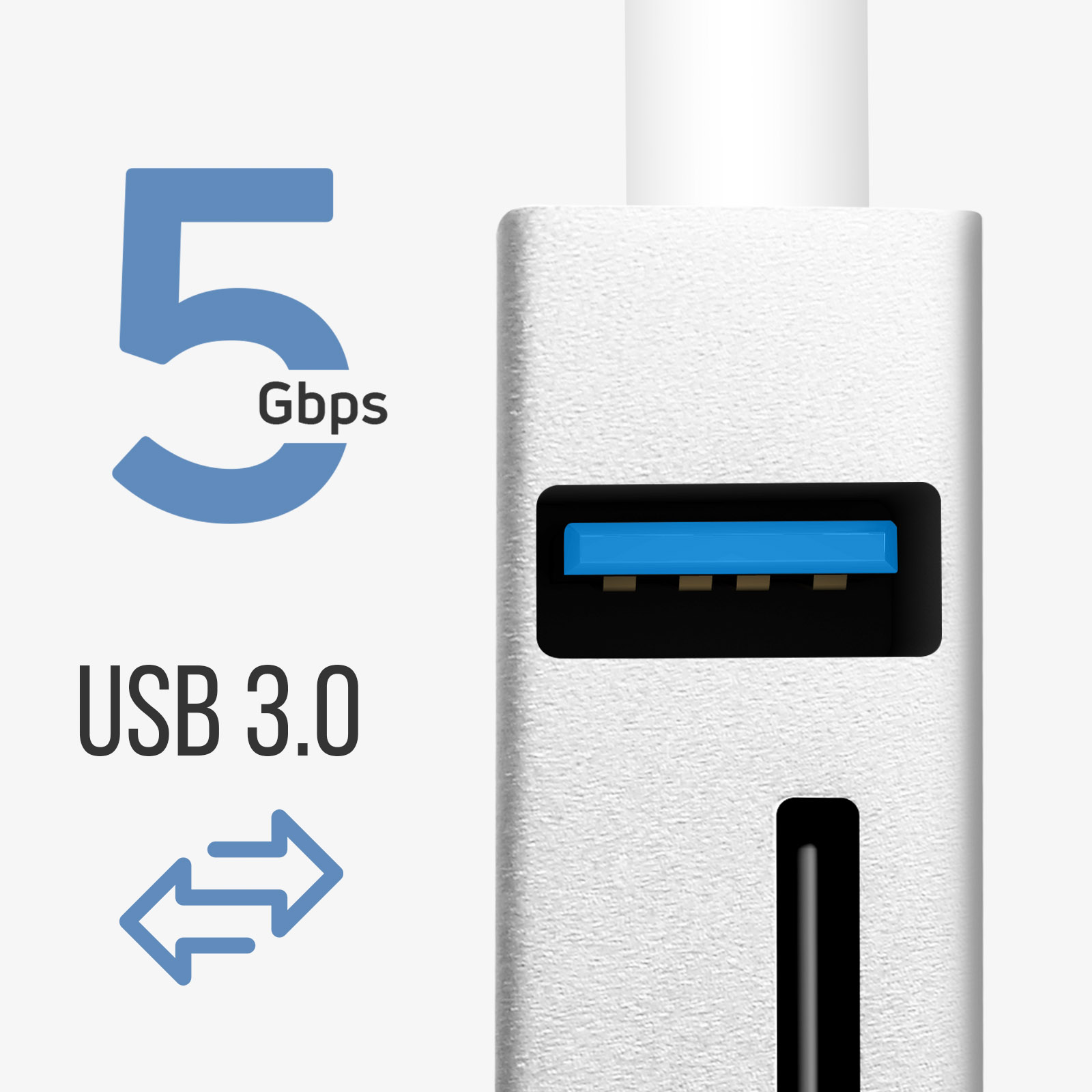 Un hub USB 3.0 bianco con il logo e il testo USB 3.0. Lo sfondo è bianco.