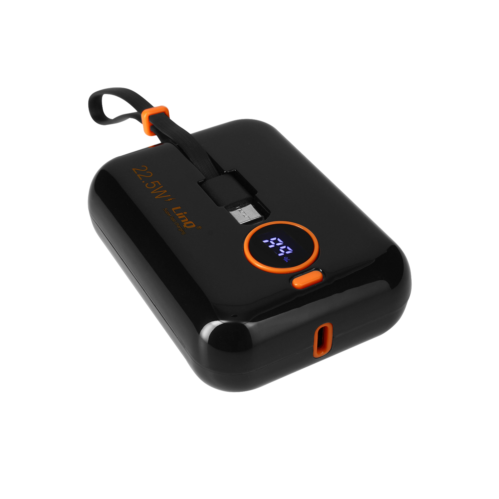 Power bank nero con display arancione e cinturino. Ha una porta di ricarica.