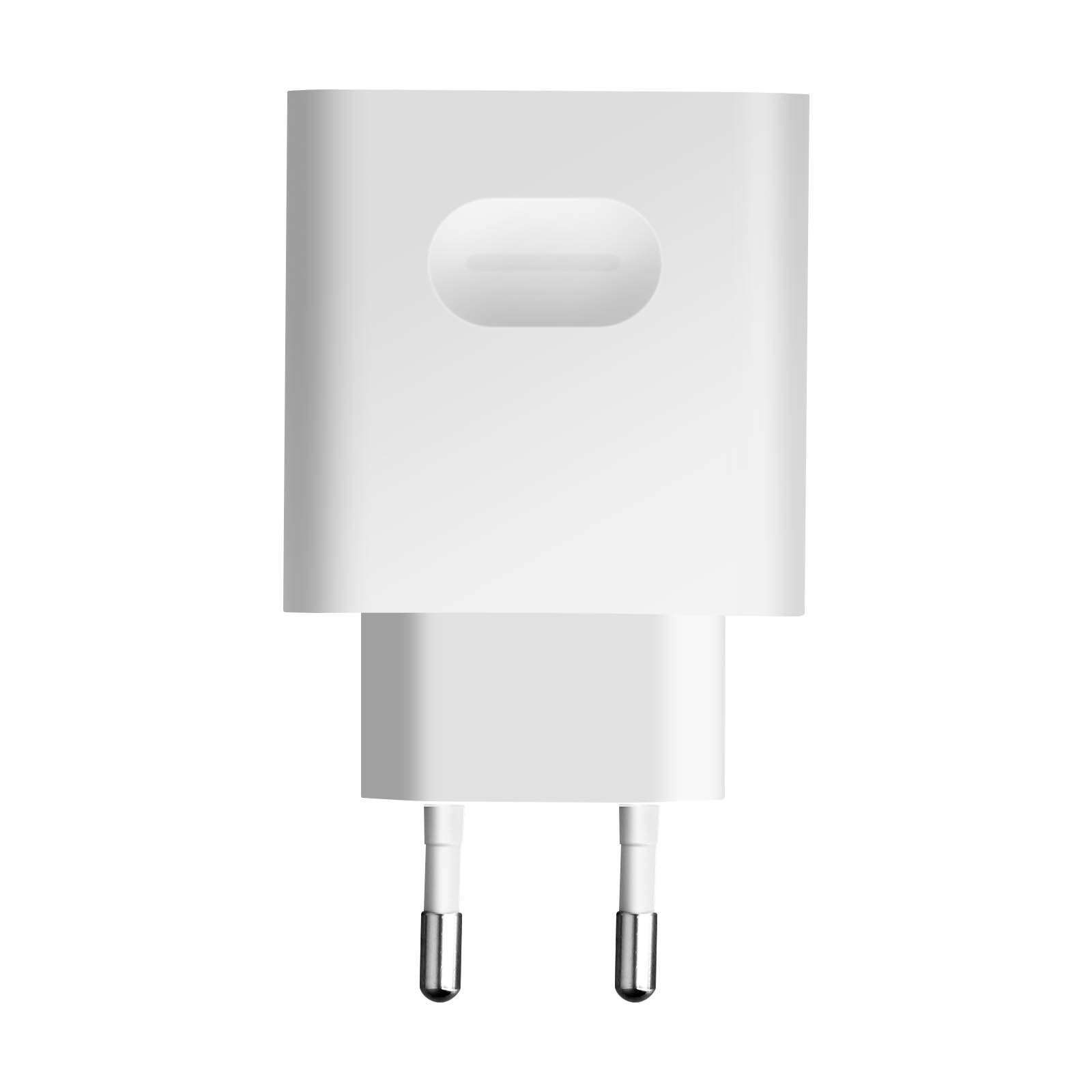 Un caricabatterie bianco per telefono con due pin.