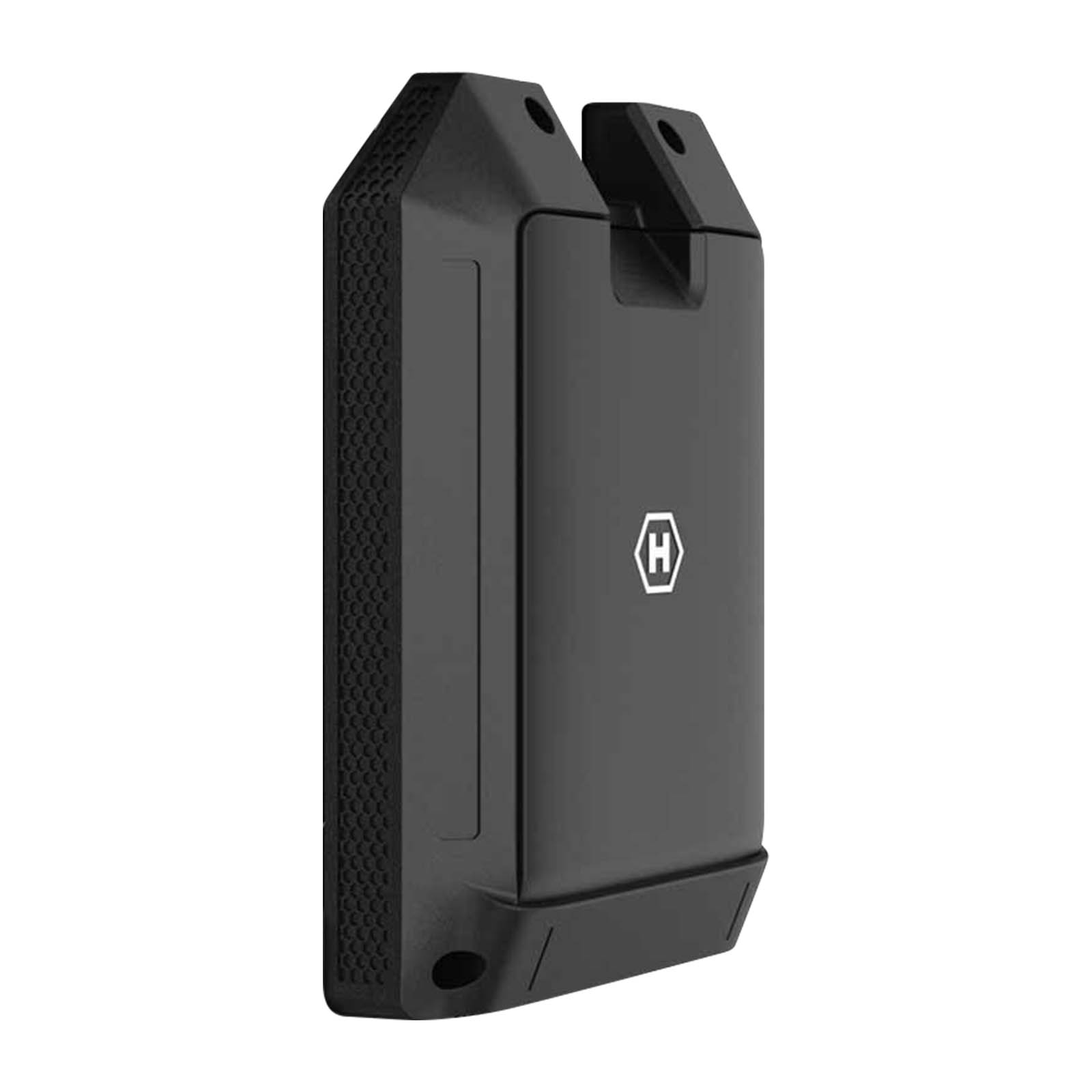Dispositivo rectangular negro con un logotipo. Tiene un lado texturizado.