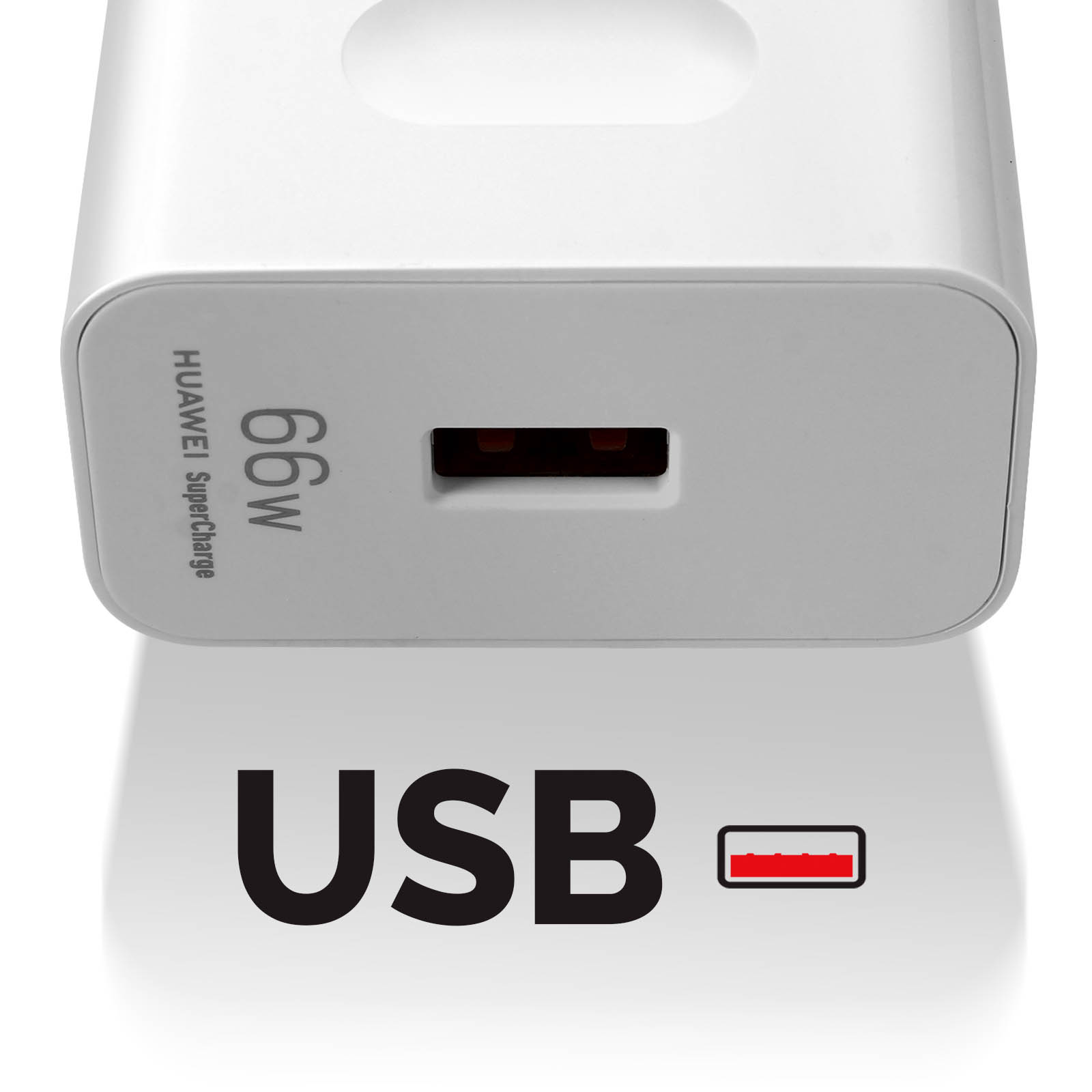 Caricatore Huawei 66W bianco con porta USB. Testo USB e icona batteria sotto.