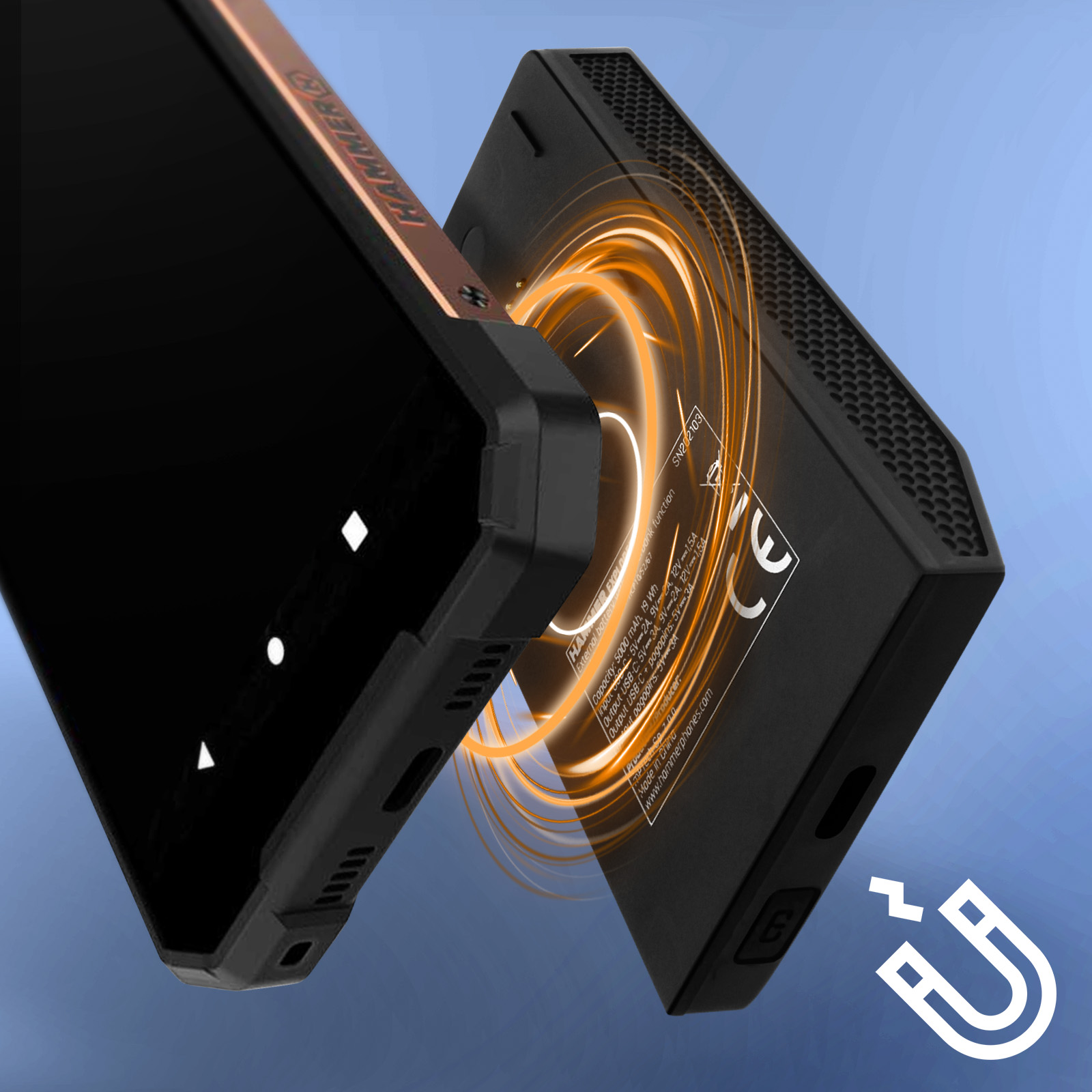 Teléfono junto a una plataforma de carga con líneas de fuerza magnética.