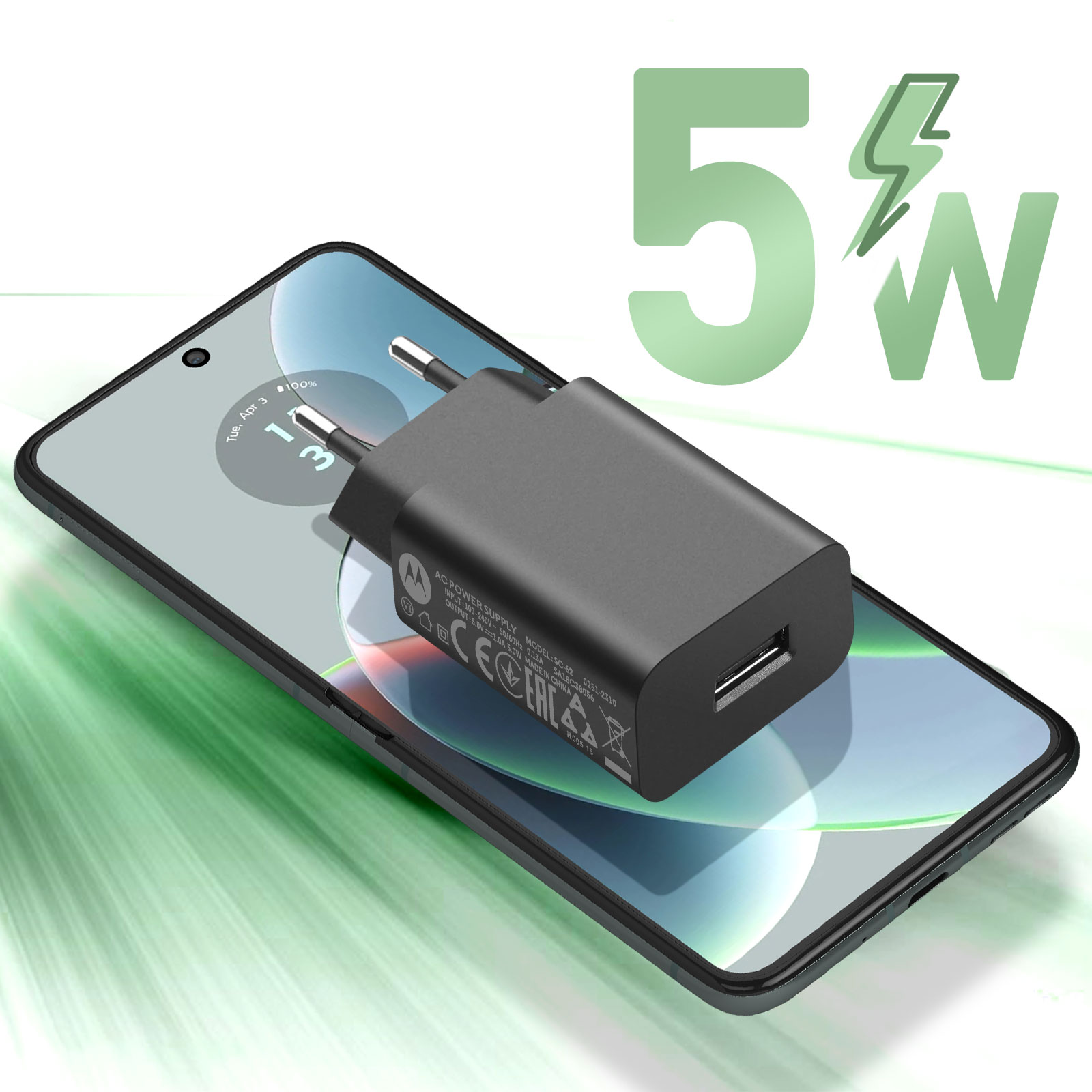 Caricabatterie nero collegato a un telefono. Simbolo 5W. Il telefono è su una superficie.