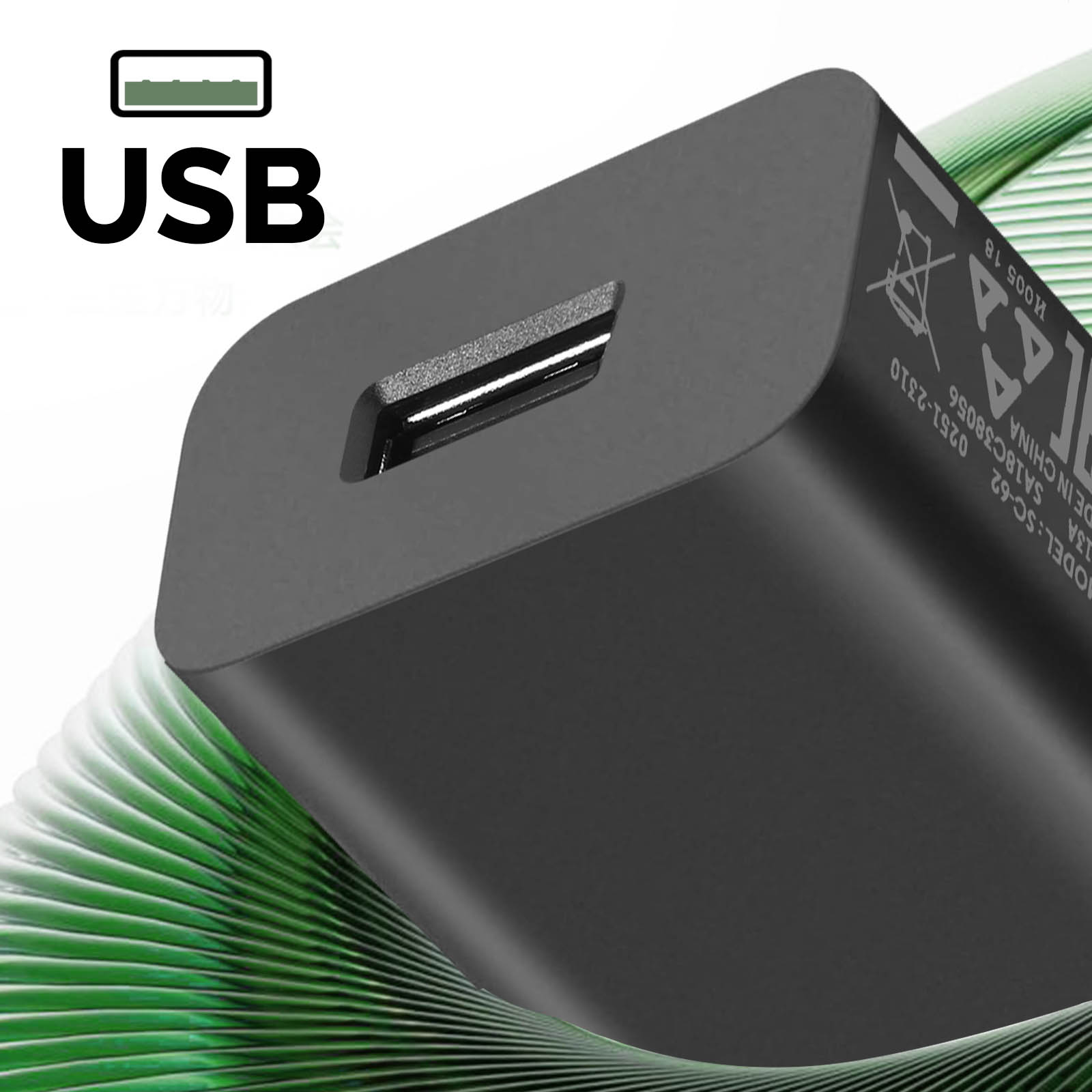 Caricabatterie USB nero con simbolo USB, primo piano.
