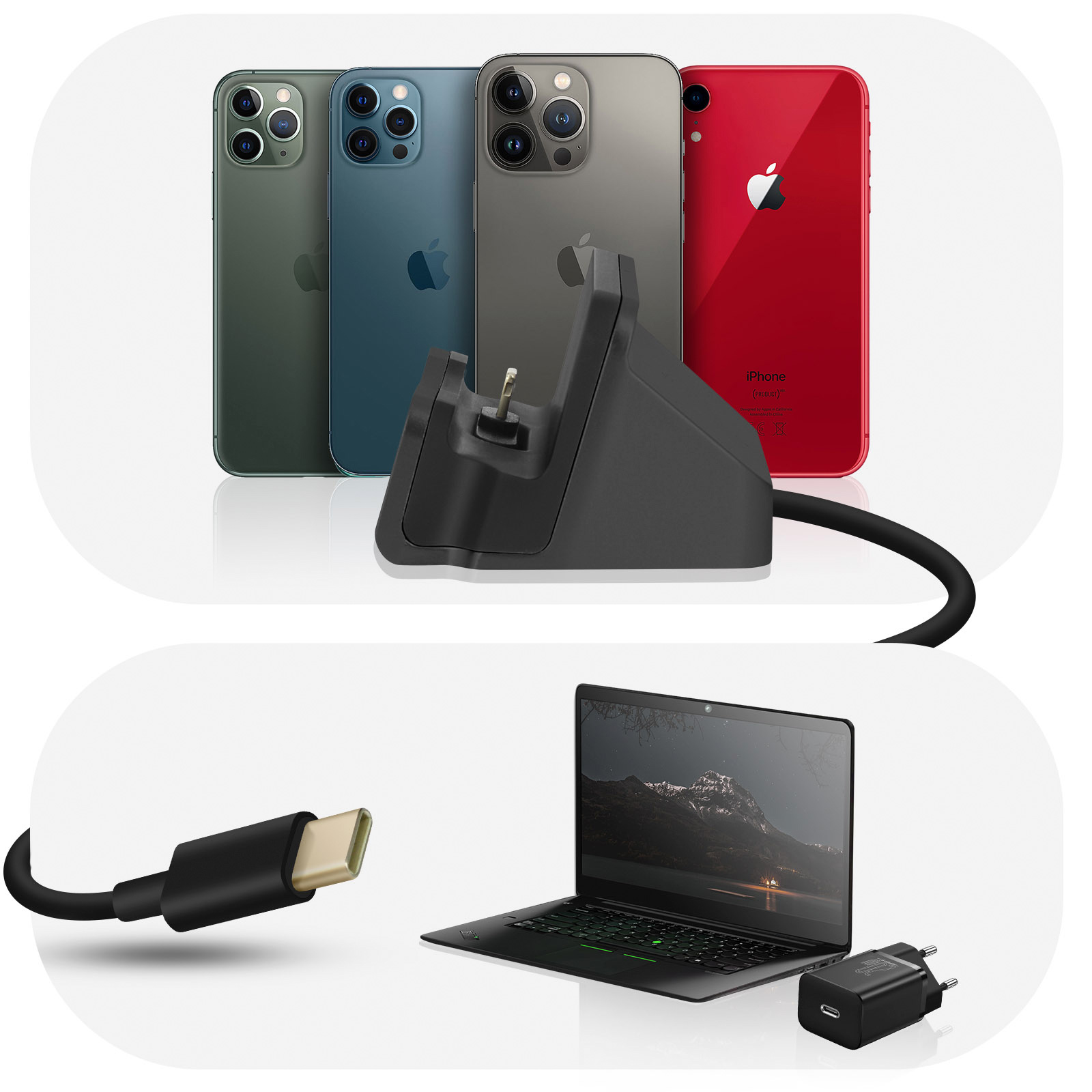 Quattro iPhone, dock di ricarica, cavo di ricarica e laptop su superficie.