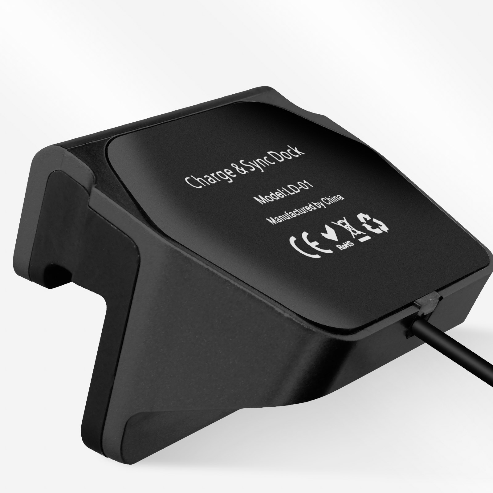 Dock di ricarica e sincronizzazione nero. I testi 'Charge & Sync Dock' e 'Manufactured by China' sono visibili.
