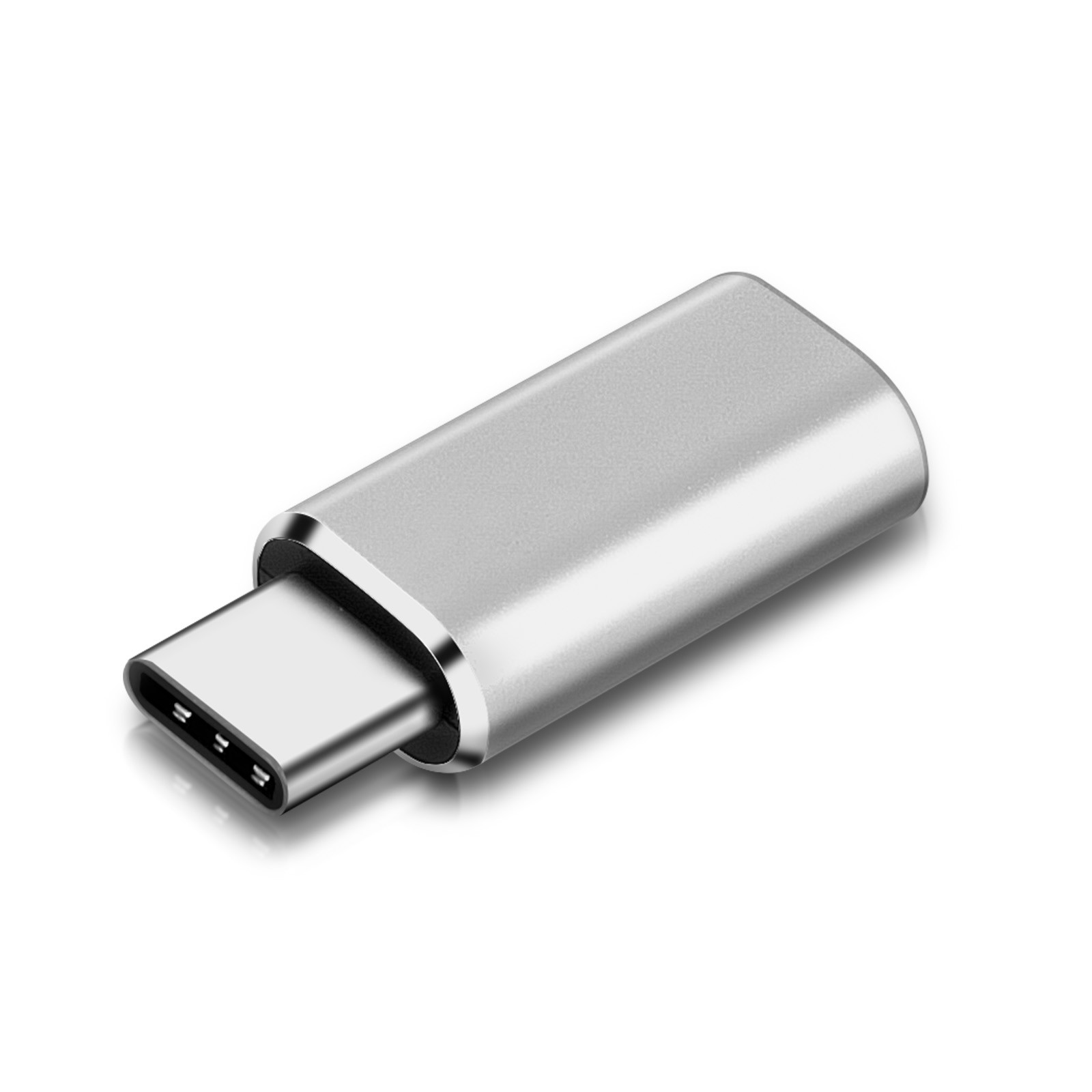 Silberner USB-C-Adapter. Er hat einen USB-C-Anschluss und eine metallische Oberfläche. Der Hintergrund ist weiß.
