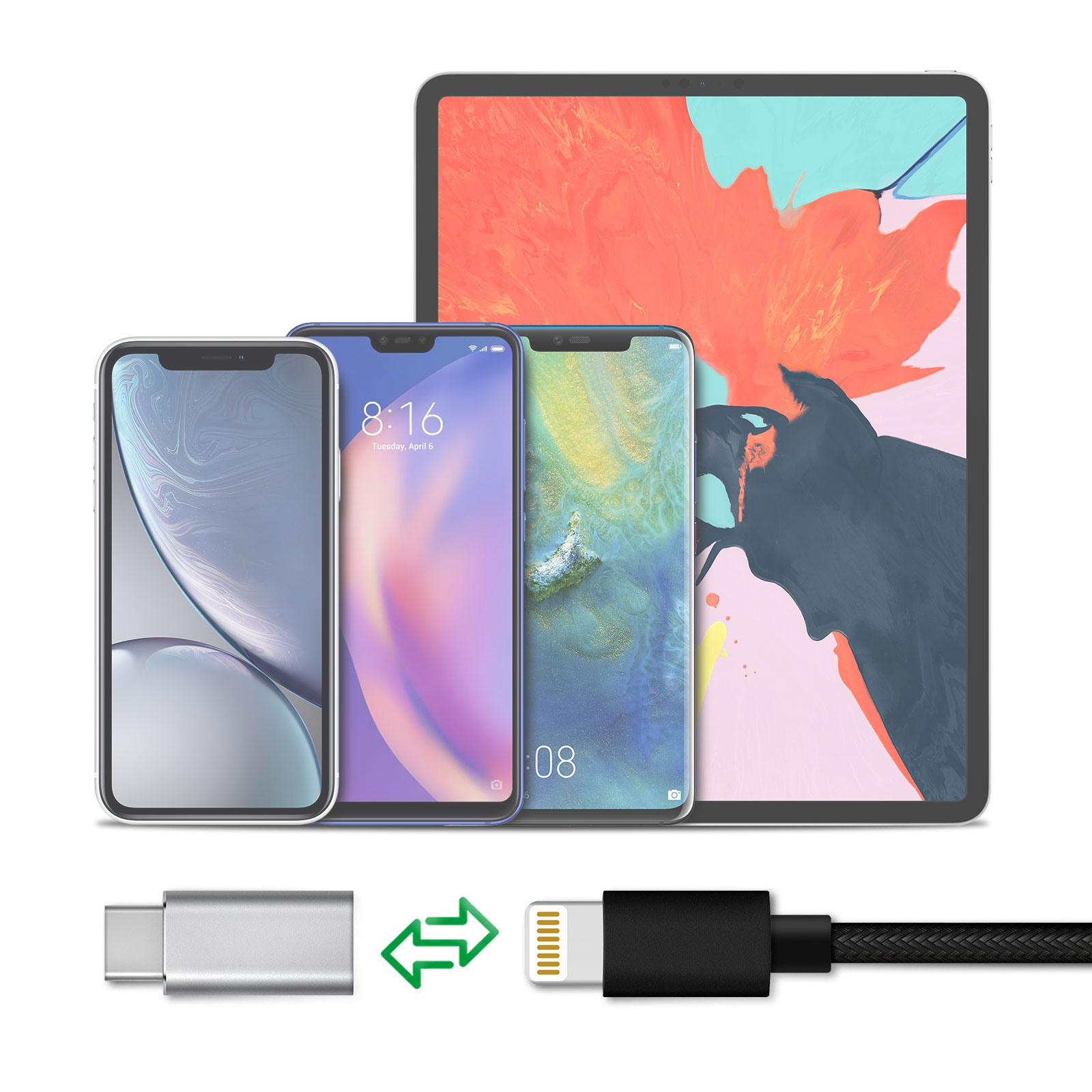 Mehrere Telefone und ein Tablet mit einem Kabel. Das Kabel hat zwei verschiedene Enden.