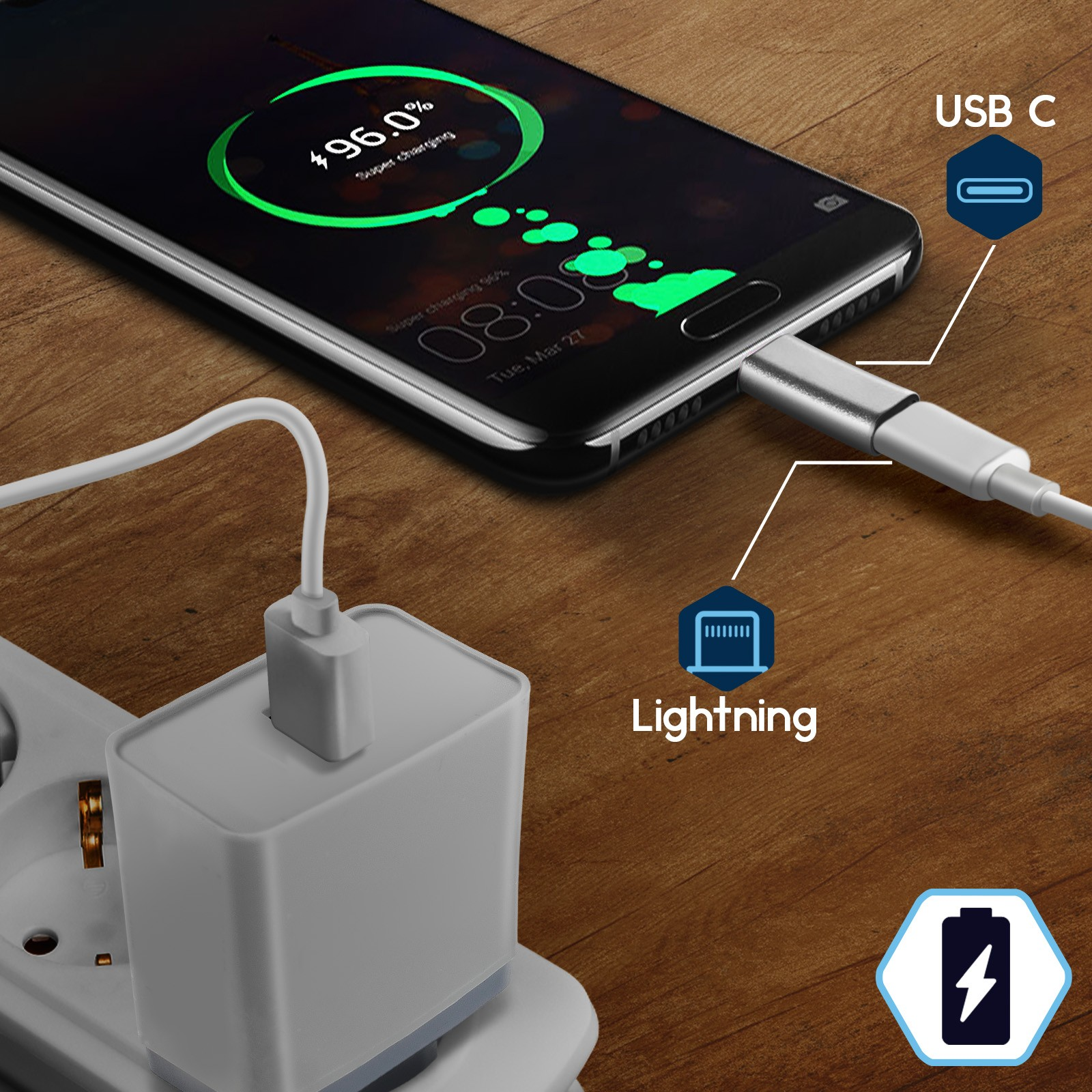 Telefon lädt mit Kabel. Akkusymbol zeigt 96% Ladung an.