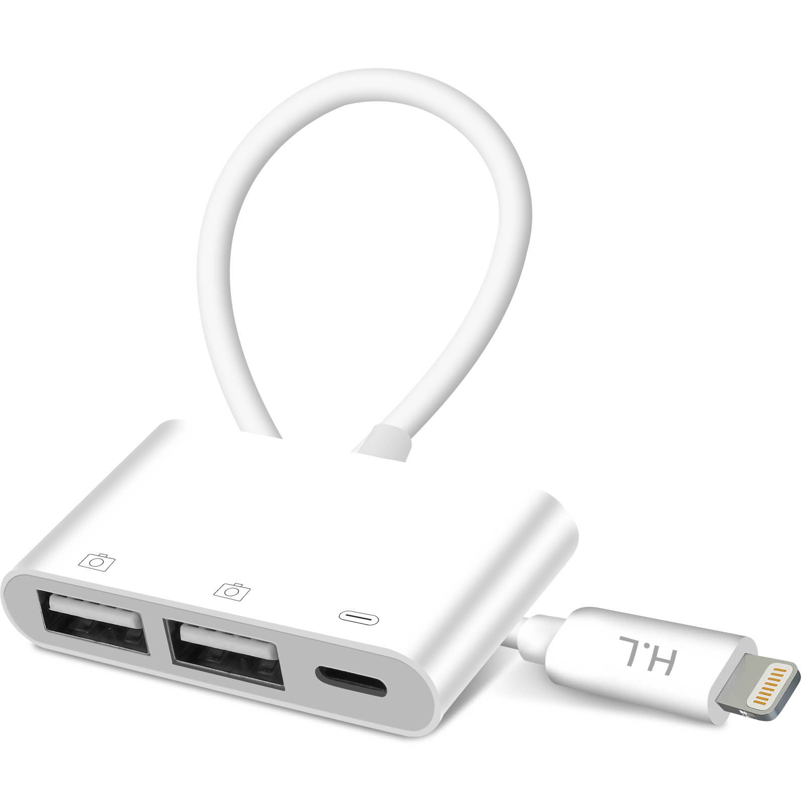 Weißer Adapter mit USB- und Lightning-Anschlüssen. Weißes Kabel.