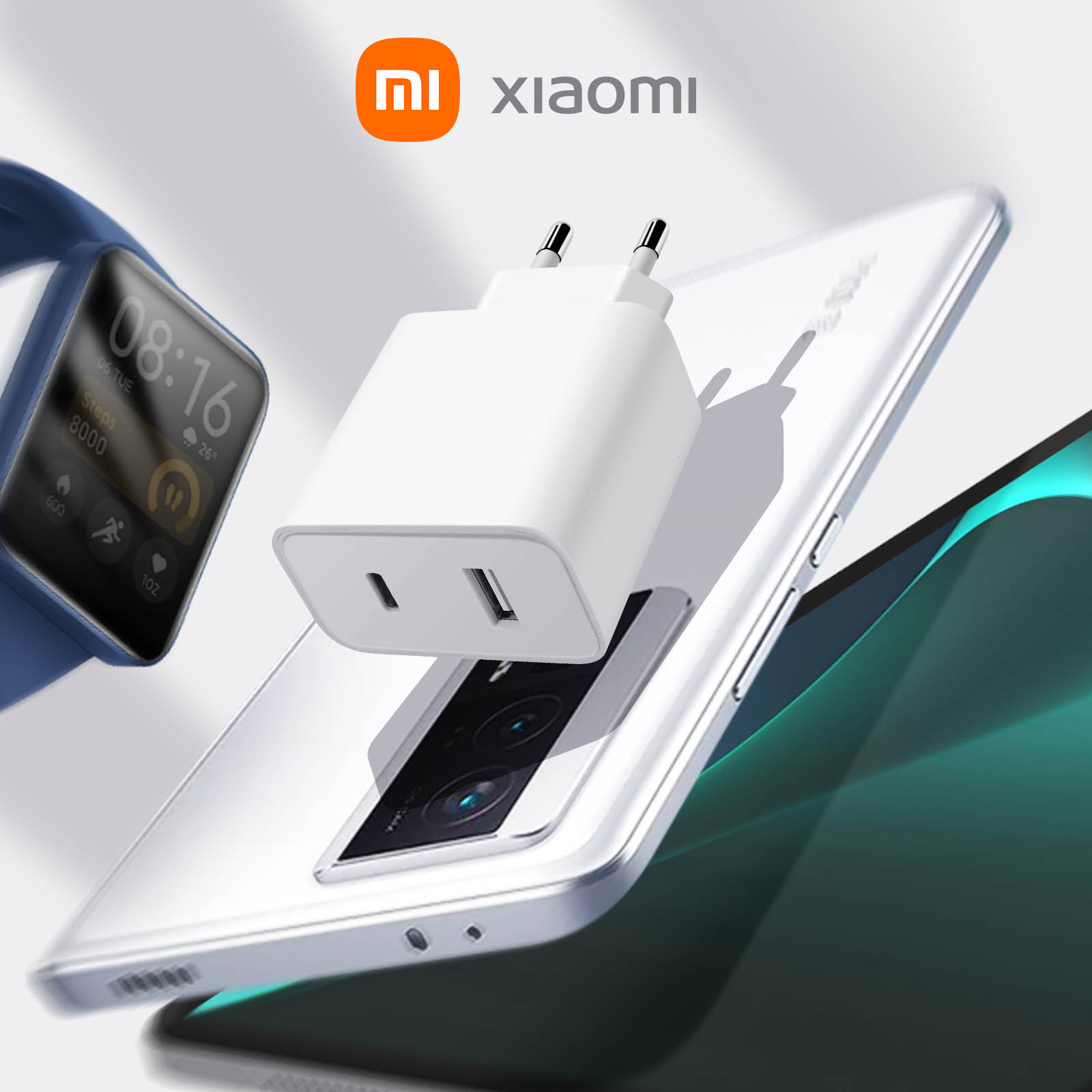 Chargeur et montre connectée Xiaomi sur un téléphone blanc. Le logo Xiaomi est en haut.