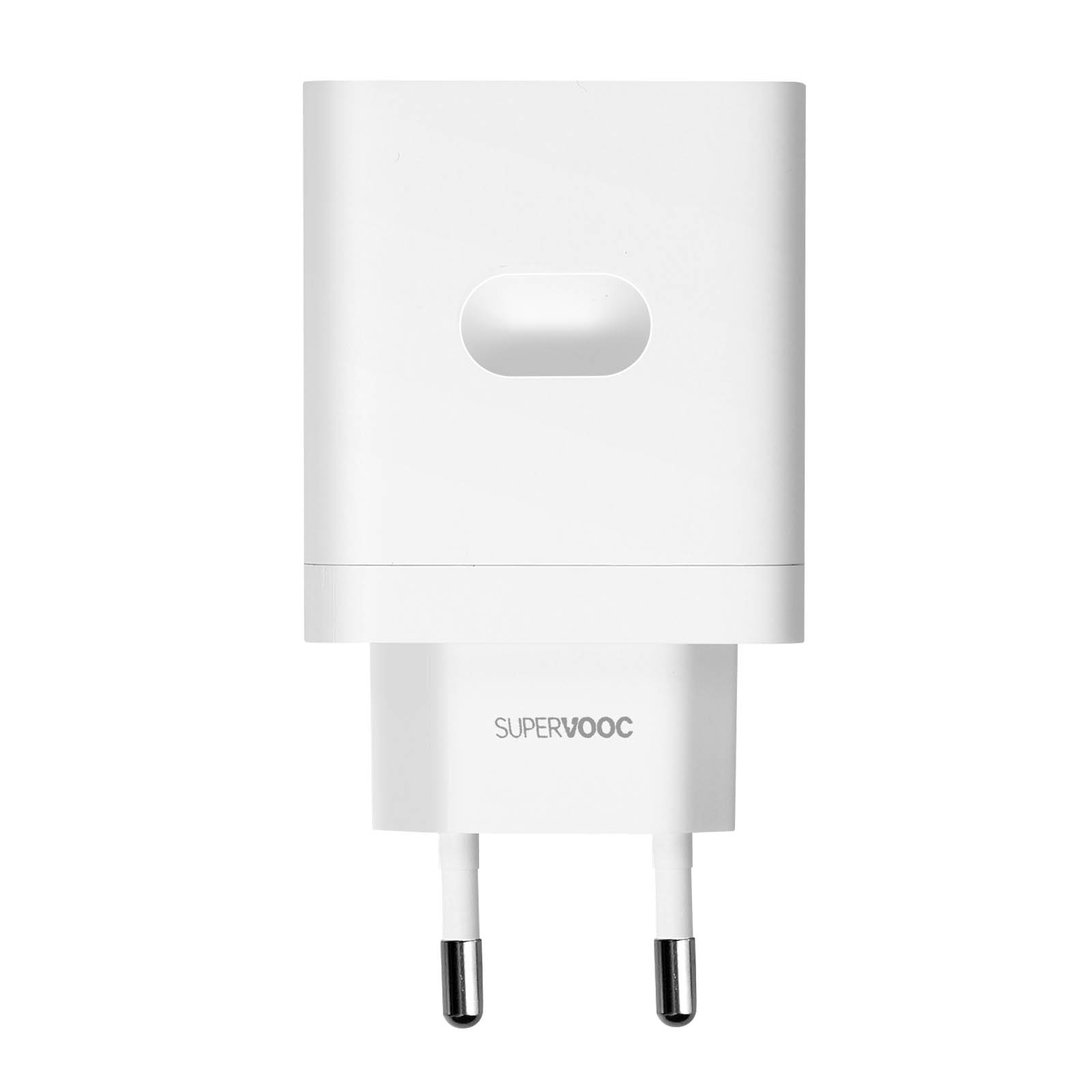 Weißes Ladegerät mit SUPERVOOC-Aufdruck. Es hat zwei Stifte.