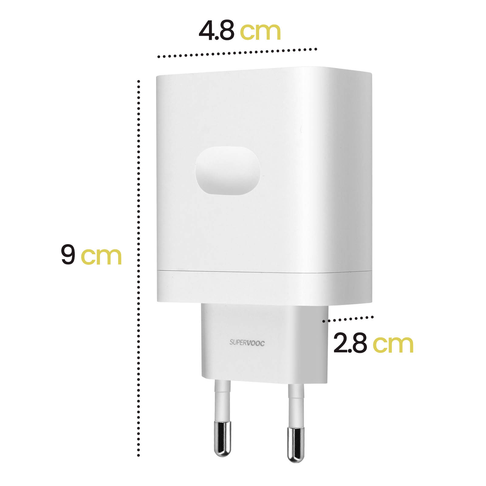 Ein weißes Ladegerät. Die Abmessungen betragen 4,8 cm, 9 cm und 2,8 cm.