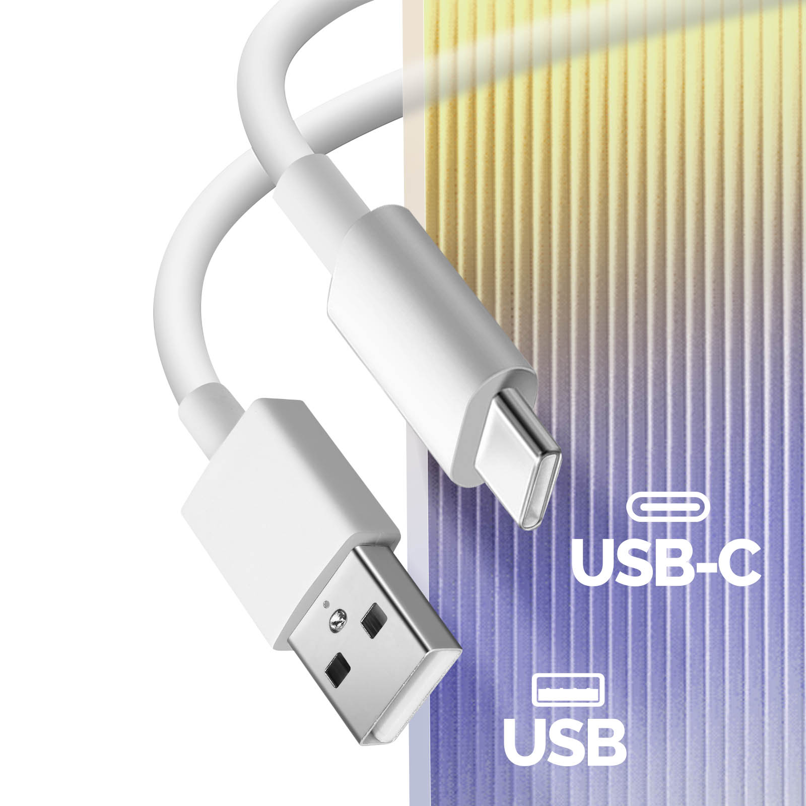 Bild zeigt ein weißes USB-C-Kabel mit USB- und USB-C-Anschlüssen, mit Beschriftungen für beide Typen.
