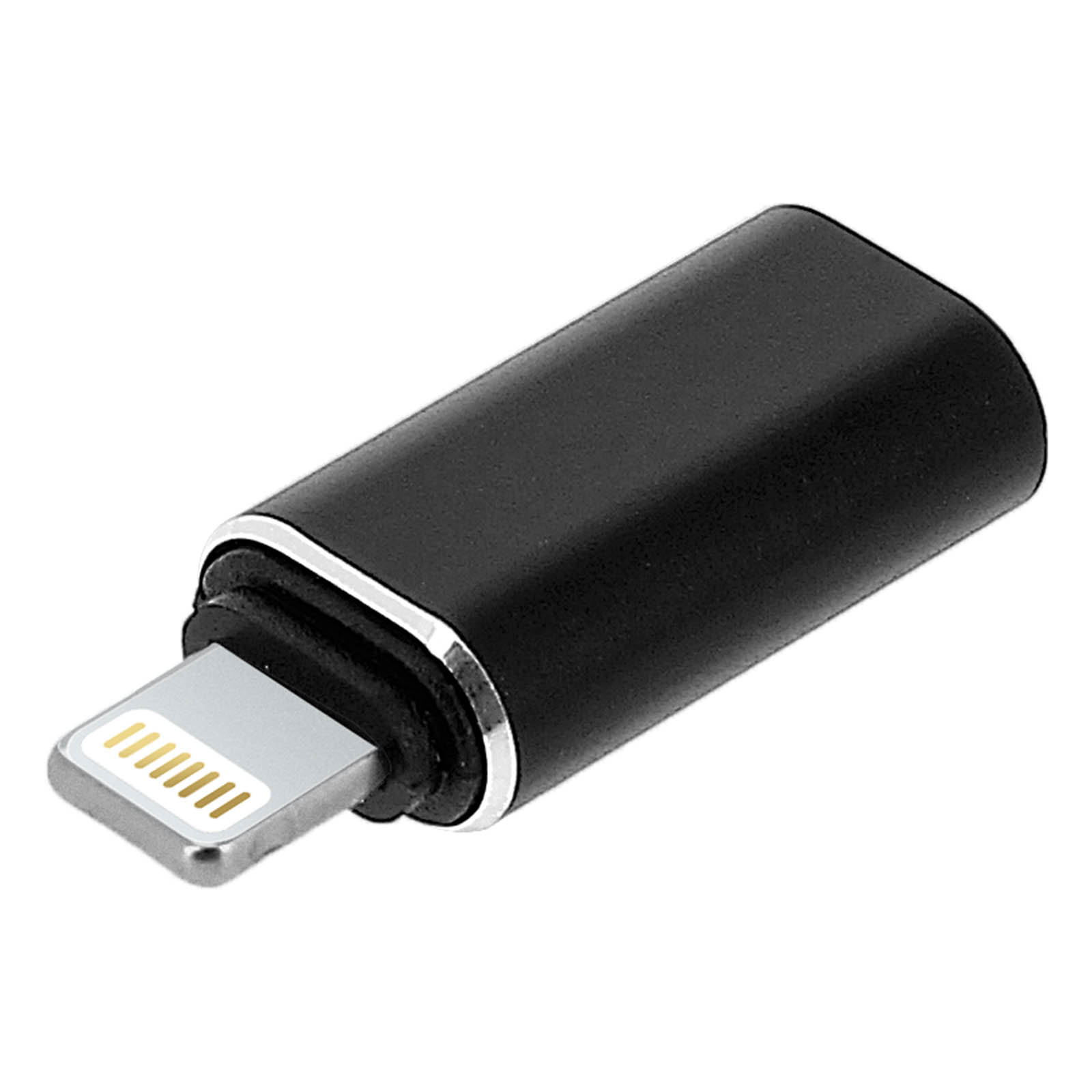 Un adaptateur noir Lightning vers USB, avec le connecteur Lightning visible et de couleur argentée.