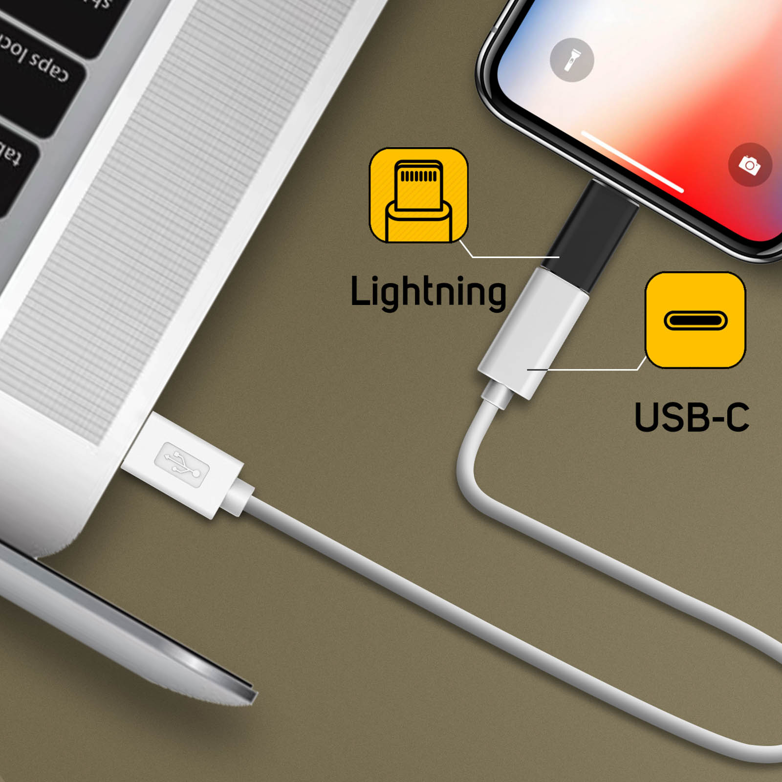 Un câble connecte un téléphone à un ordinateur portable. Les étiquettes affichent "Lightning" et "USB-C".