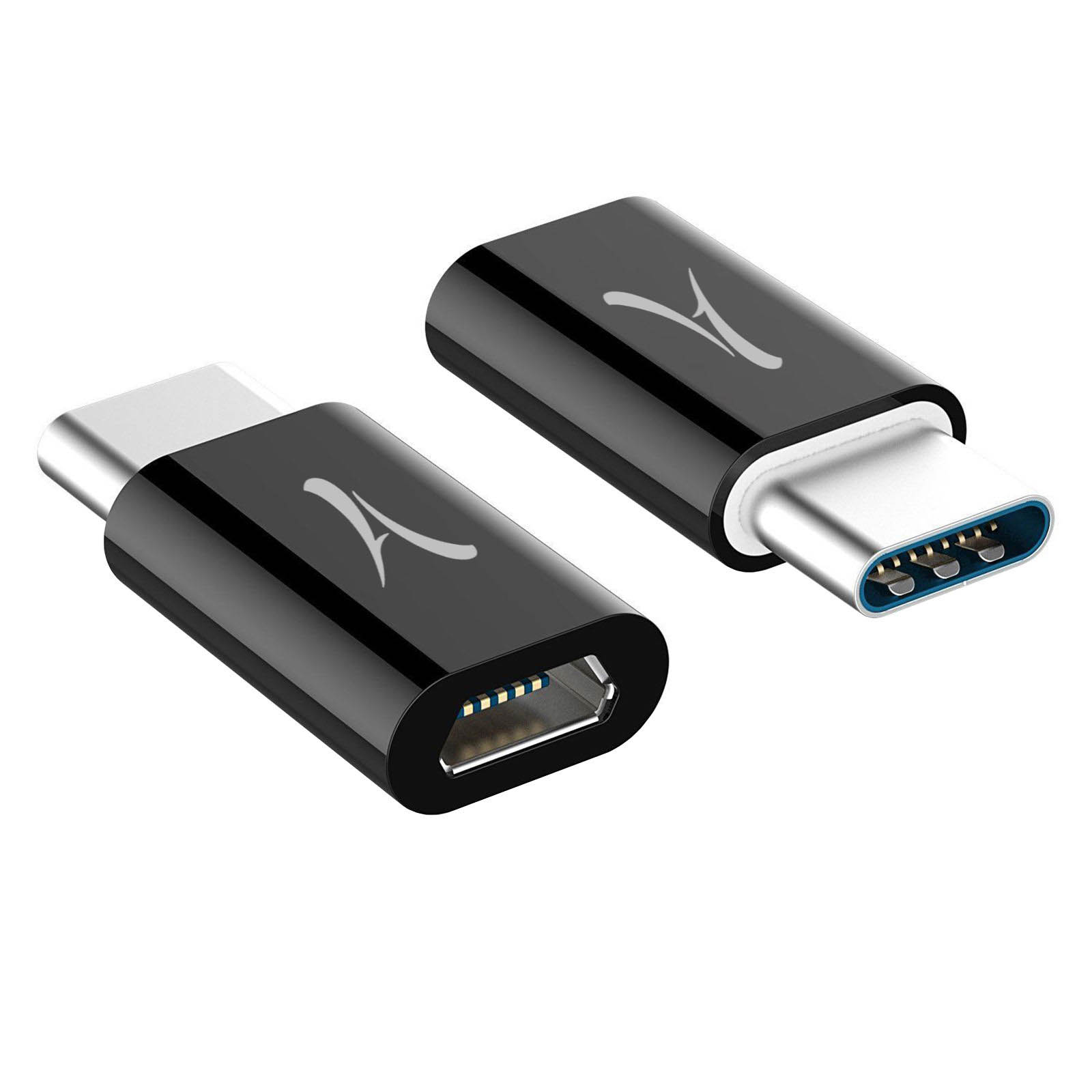 Due adattatori USB-C neri. Uno ha un connettore USB-C, l'altro un connettore micro-USB.