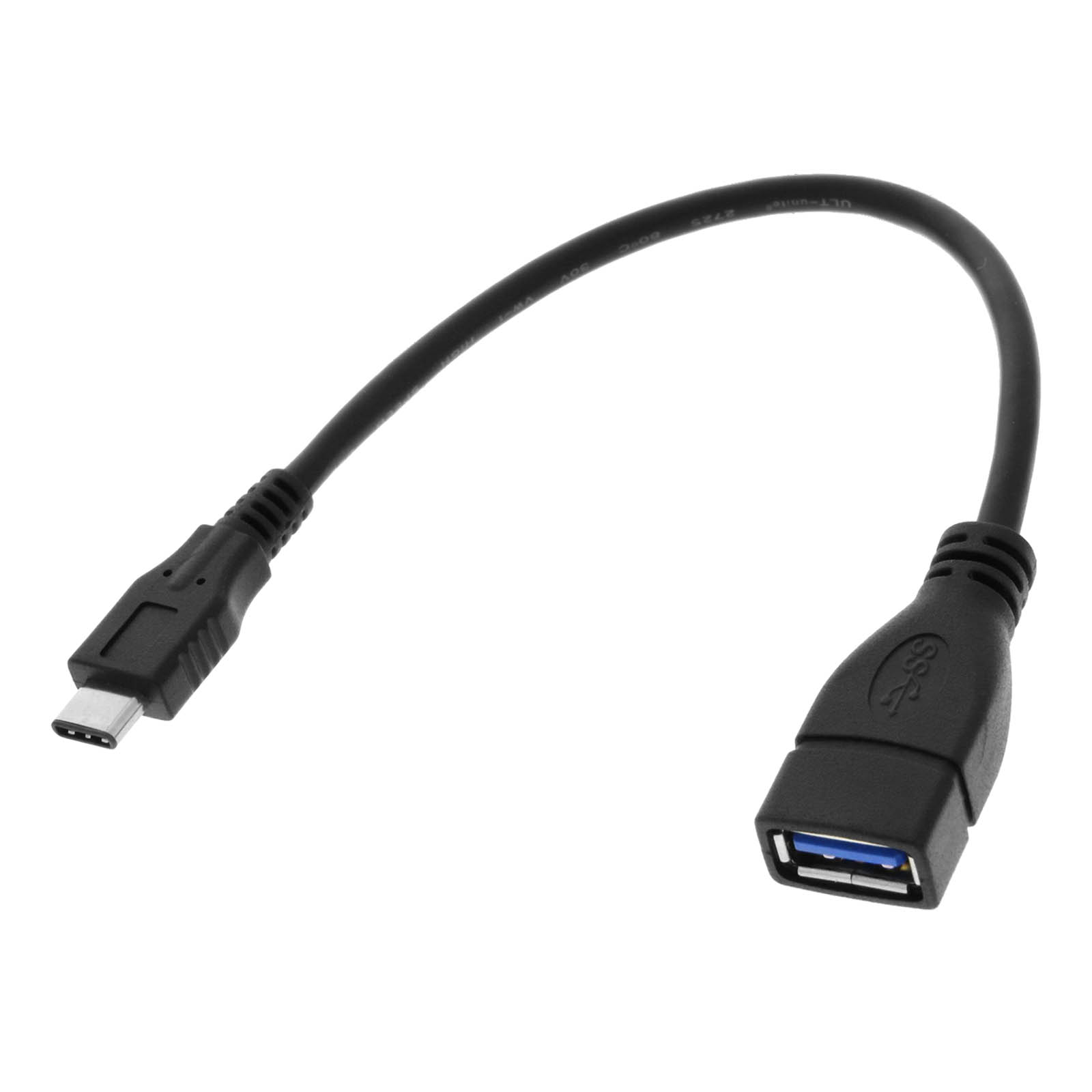 Cavo adattatore nero da USB-C a USB-A. Un'estremità è USB-C, l'altra USB-A.