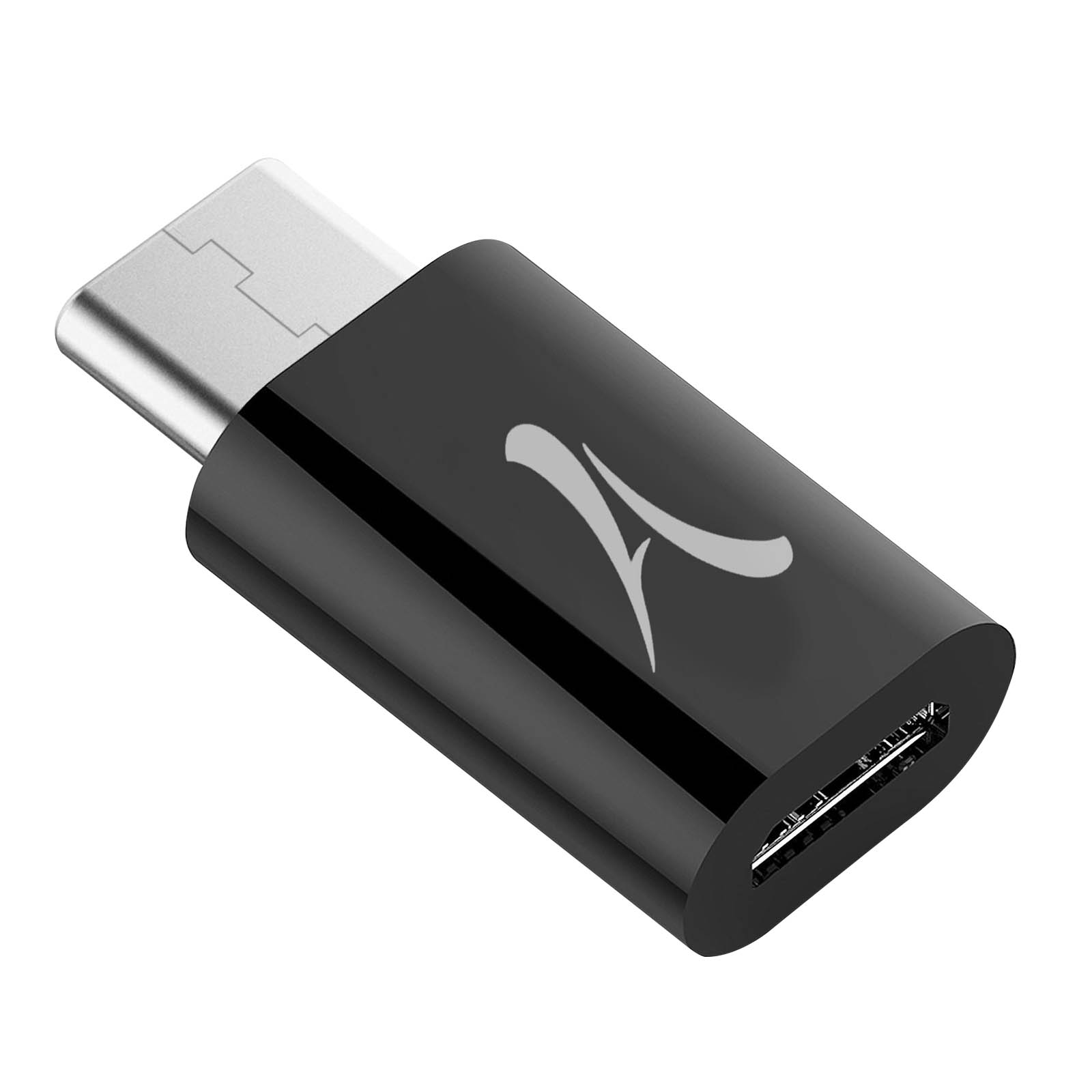 Adattatore USB-C nero. Punta in metallo argentato in alto. Logo bianco sul corpo. Vista angolata su sfondo bianco.