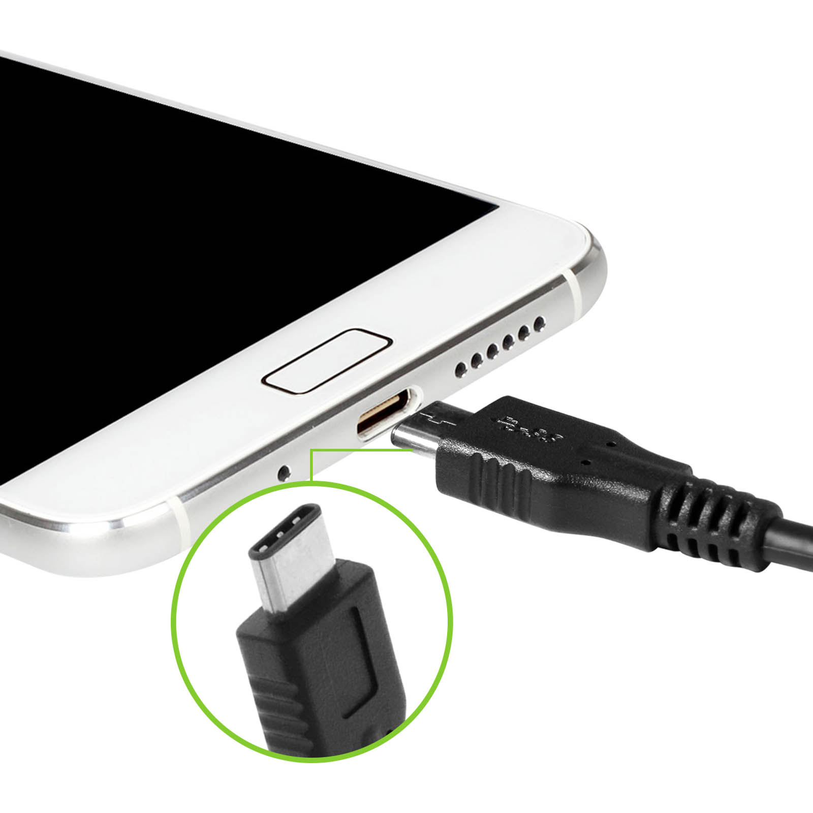 Un telefono collegato a un cavo USB-C nero. Un primo piano mostra il connettore USB-C.