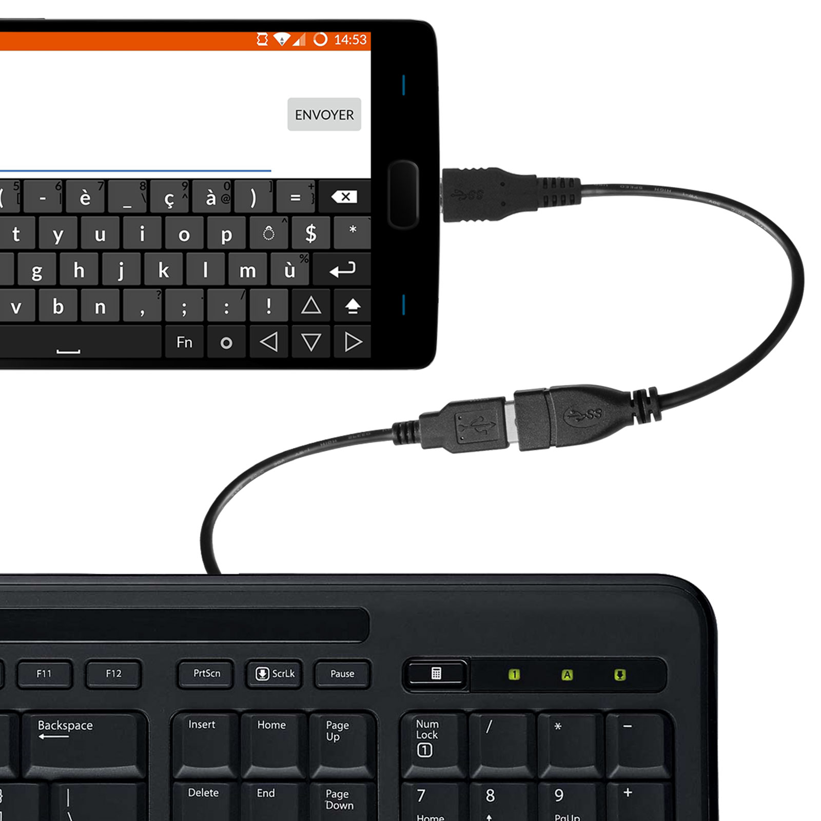 Telefono collegato alla tastiera tramite cavo USB. Il display mostra la tastiera.