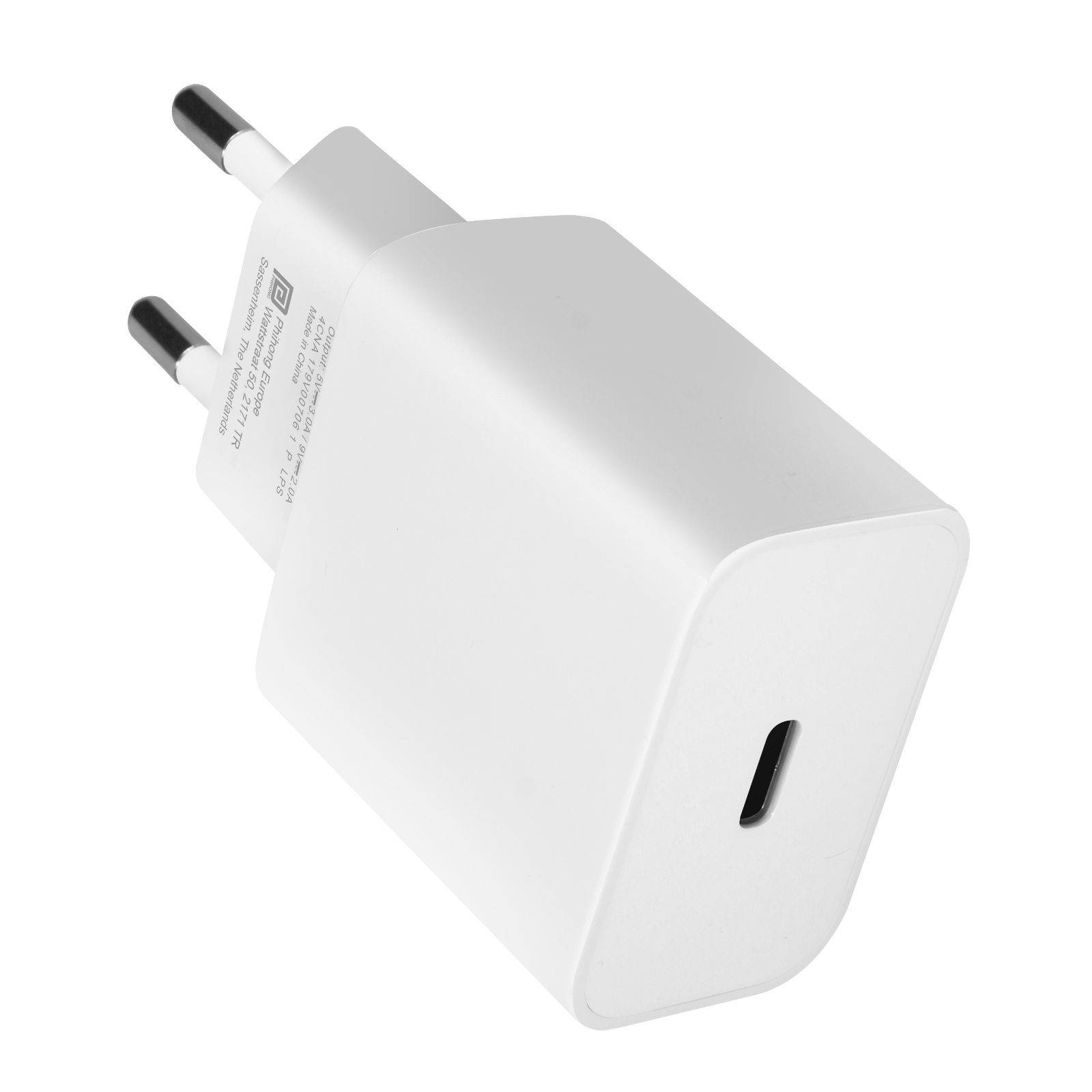 Chargeur de téléphone blanc avec port USB-C.